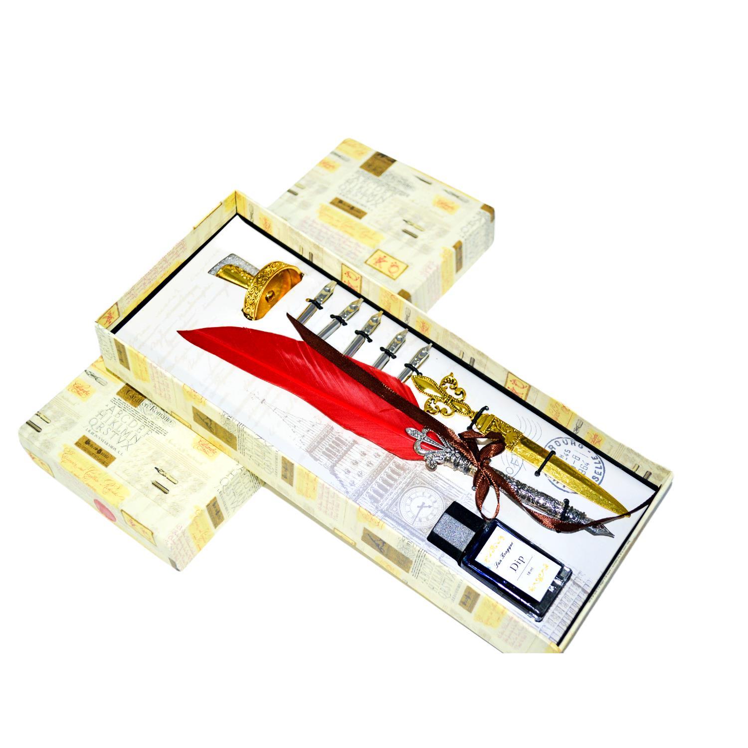 Gen-OfGen-Of Taçlı Orjinal Tüylü Divit - Kaligrafi Kalem Seti Hediyelik Özel Kutulu Kırmızı 712-14 