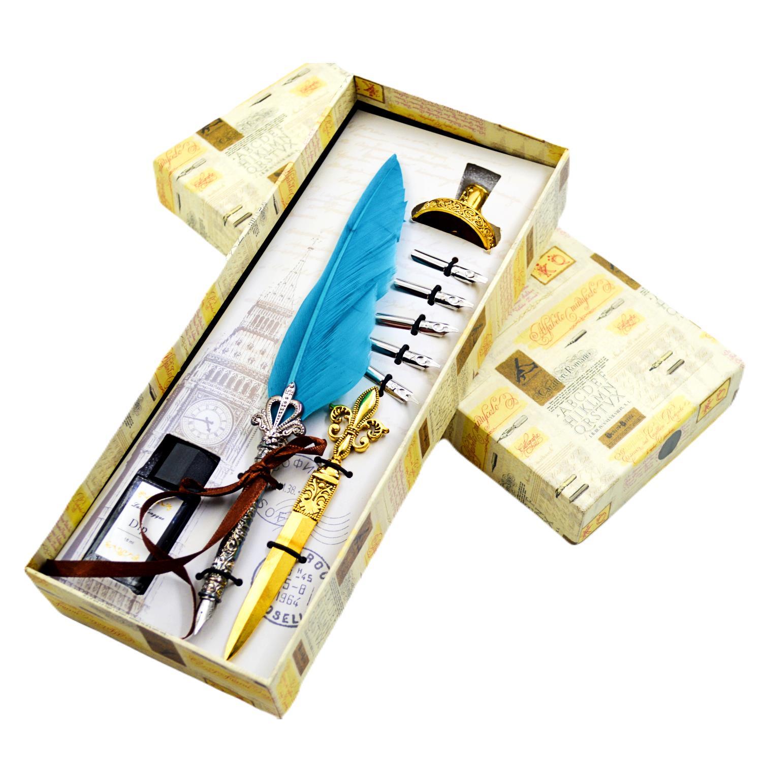 Gen-OfGen-Of Taçlı Orjinal Tüylü Divit - Kaligrafi Kalem Seti Hediyelik Özel Kutulu Turkuaz 712-14