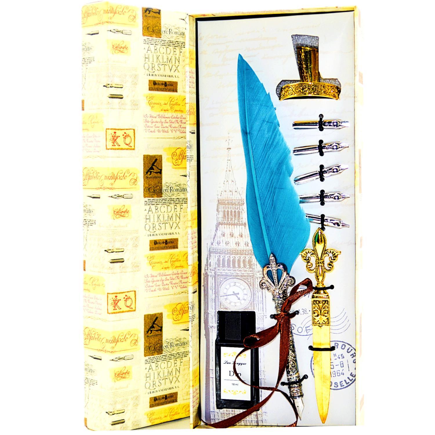 Gen-OfGen-Of Taçlı Orjinal Tüylü Divit - Kaligrafi Kalem Seti Hediyelik Özel Kutulu Turkuaz 712-14