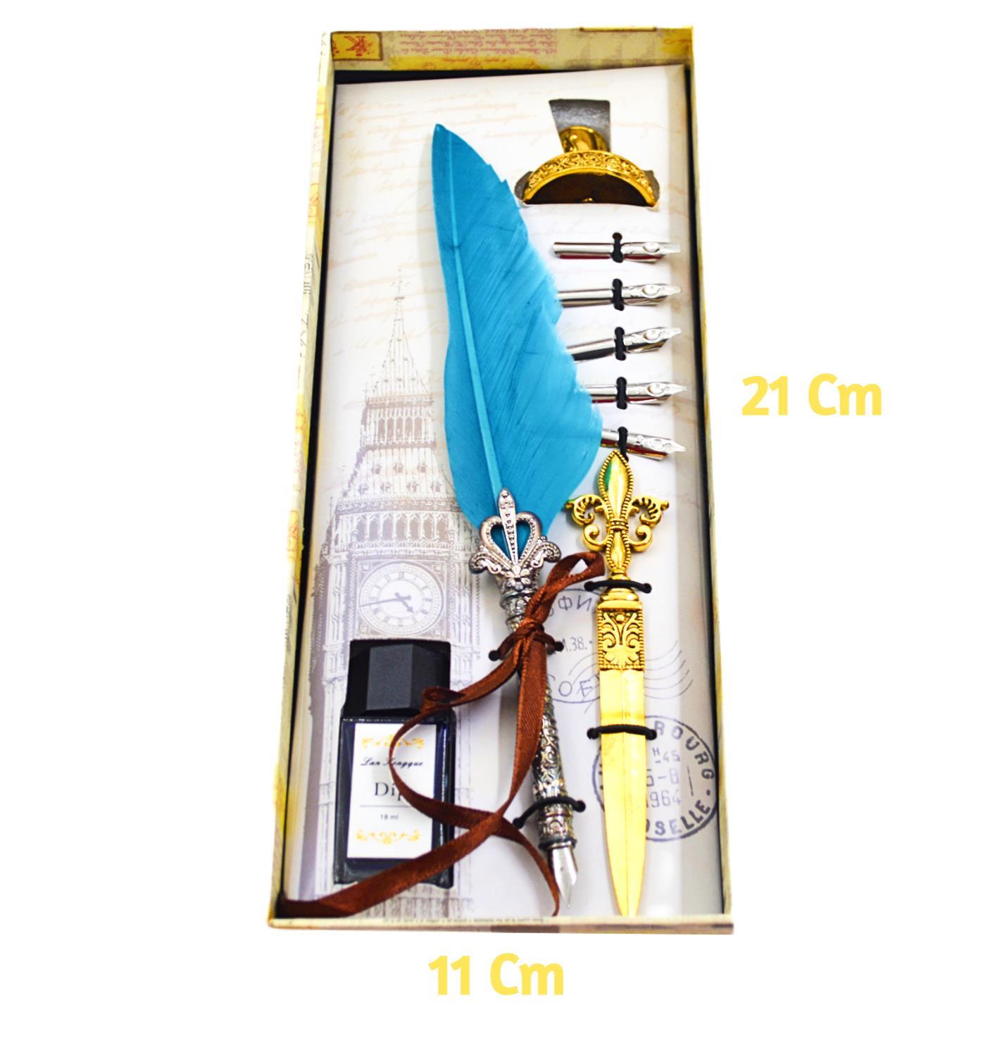 Gen-OfGen-Of Taçlı Orjinal Tüylü Divit - Kaligrafi Kalem Seti Hediyelik Özel Kutulu Turkuaz 712-14