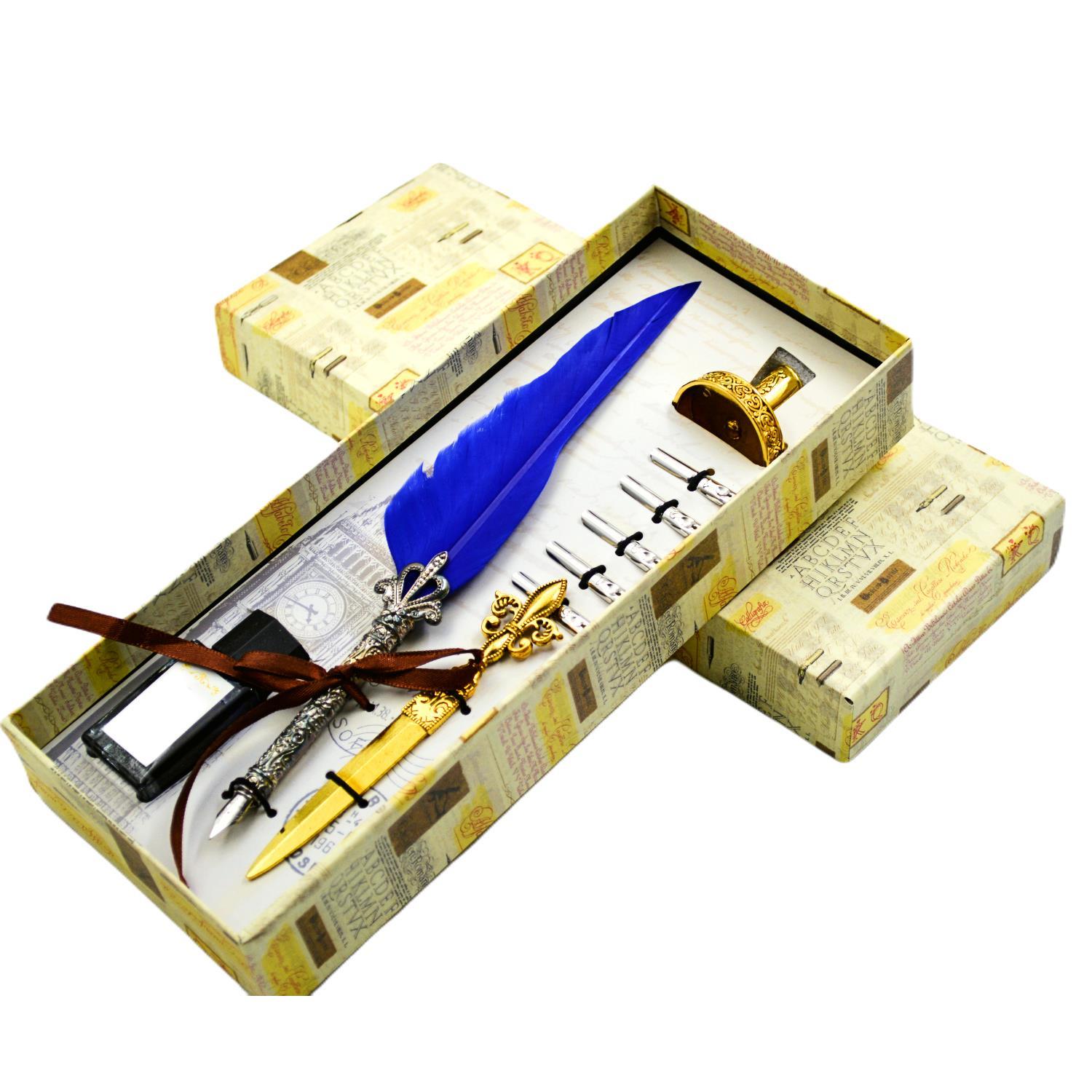 Gen-OfGen-Of Taçlı Orjinal Tüylü Divit - Kaligrafi Kalem Seti Hediyelik Özel Kutulu Gece Mavisi 712-14