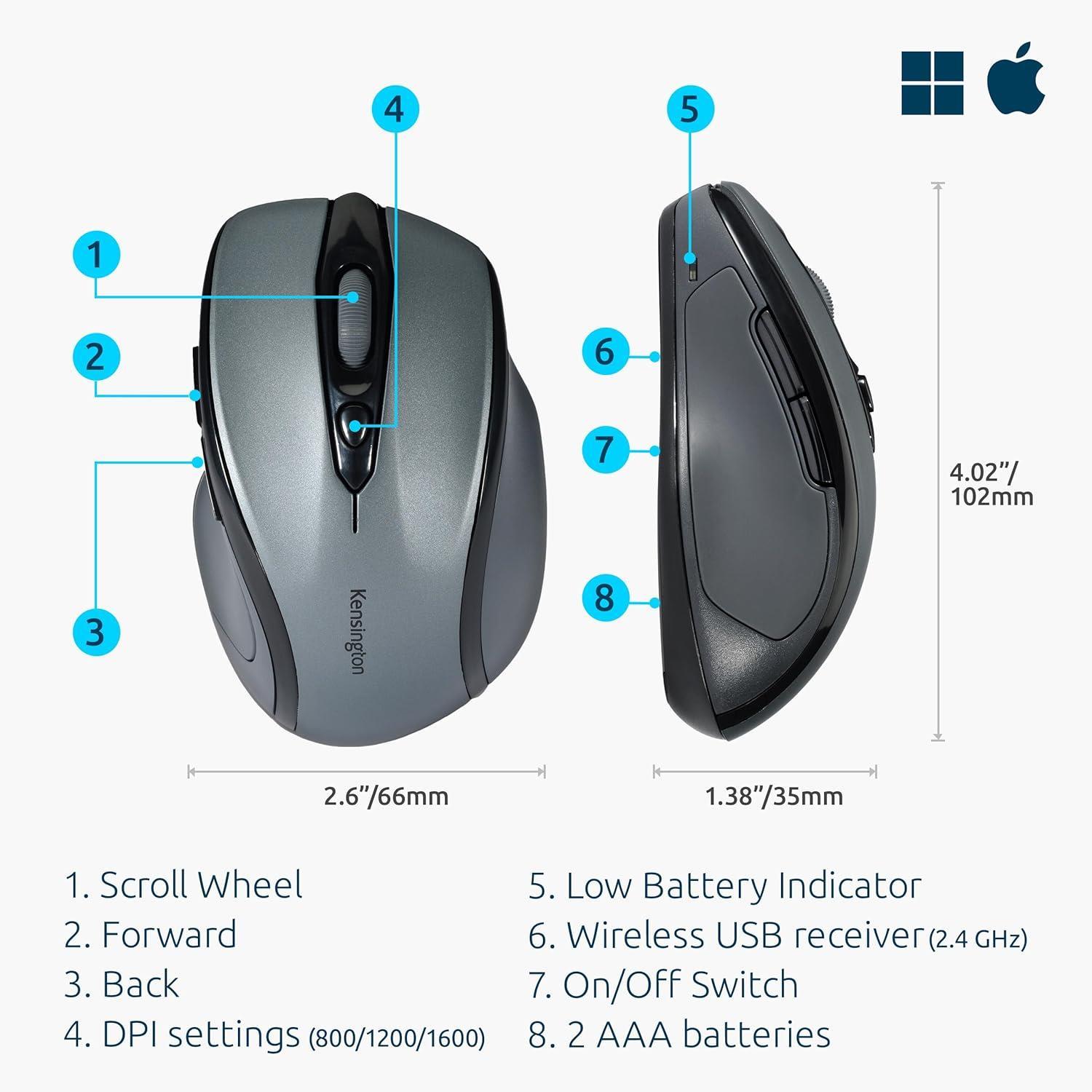 KensingtonKensington Pro Fit USB Wireless Mid-Size Mouse Gri (K72423WW)