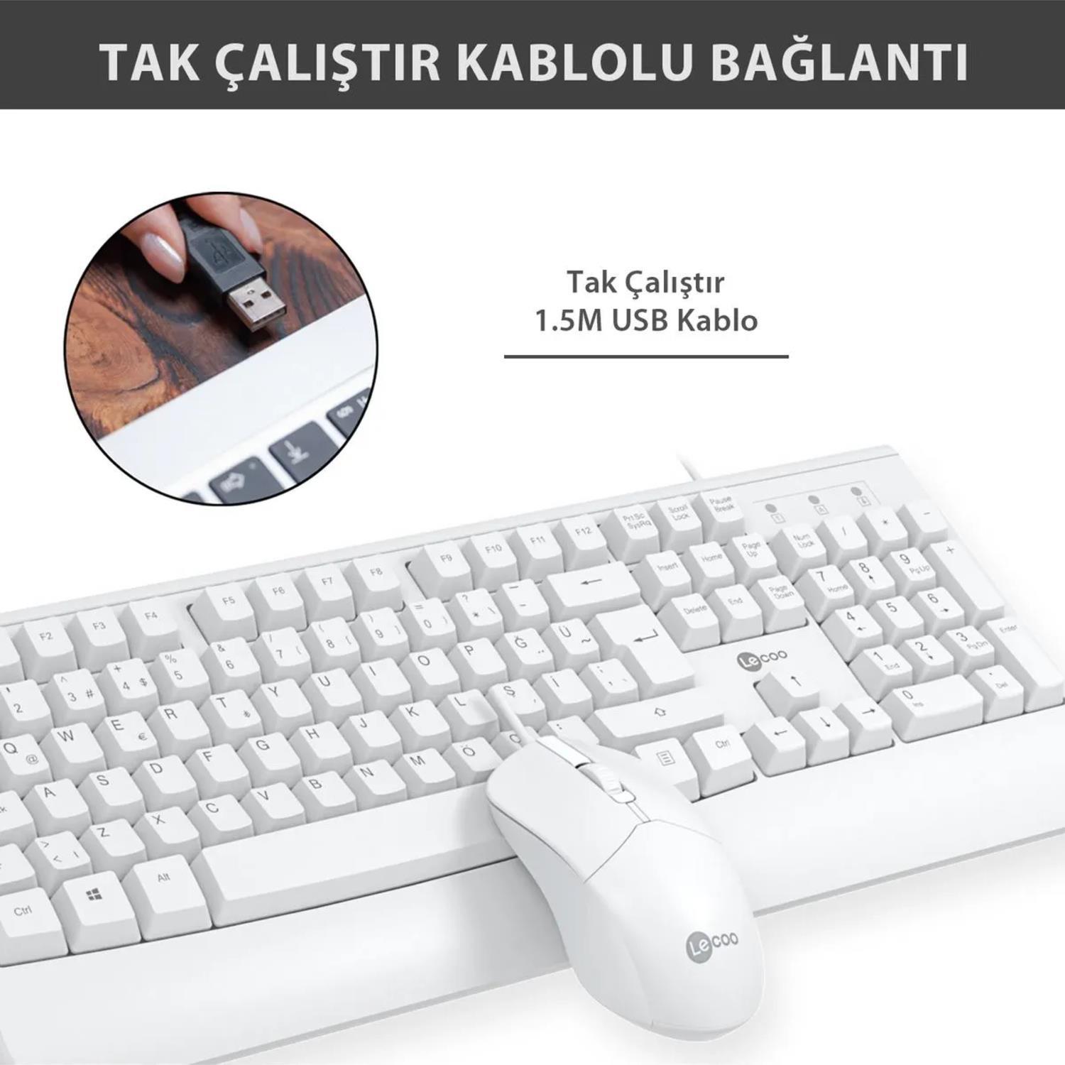 LecooLecoo USB Kablolu Türkçe Q Klavye & Mouse Set Beyaz (CM105) GKE