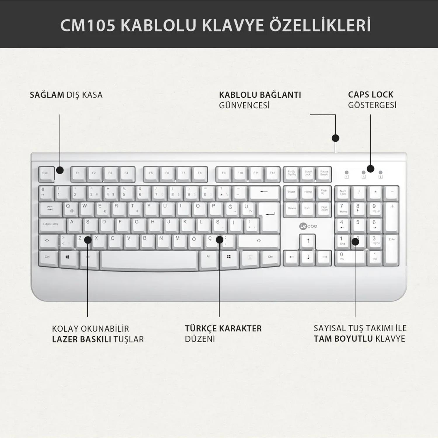LecooLecoo USB Kablolu Türkçe Q Klavye & Mouse Set Beyaz (CM105) GKE