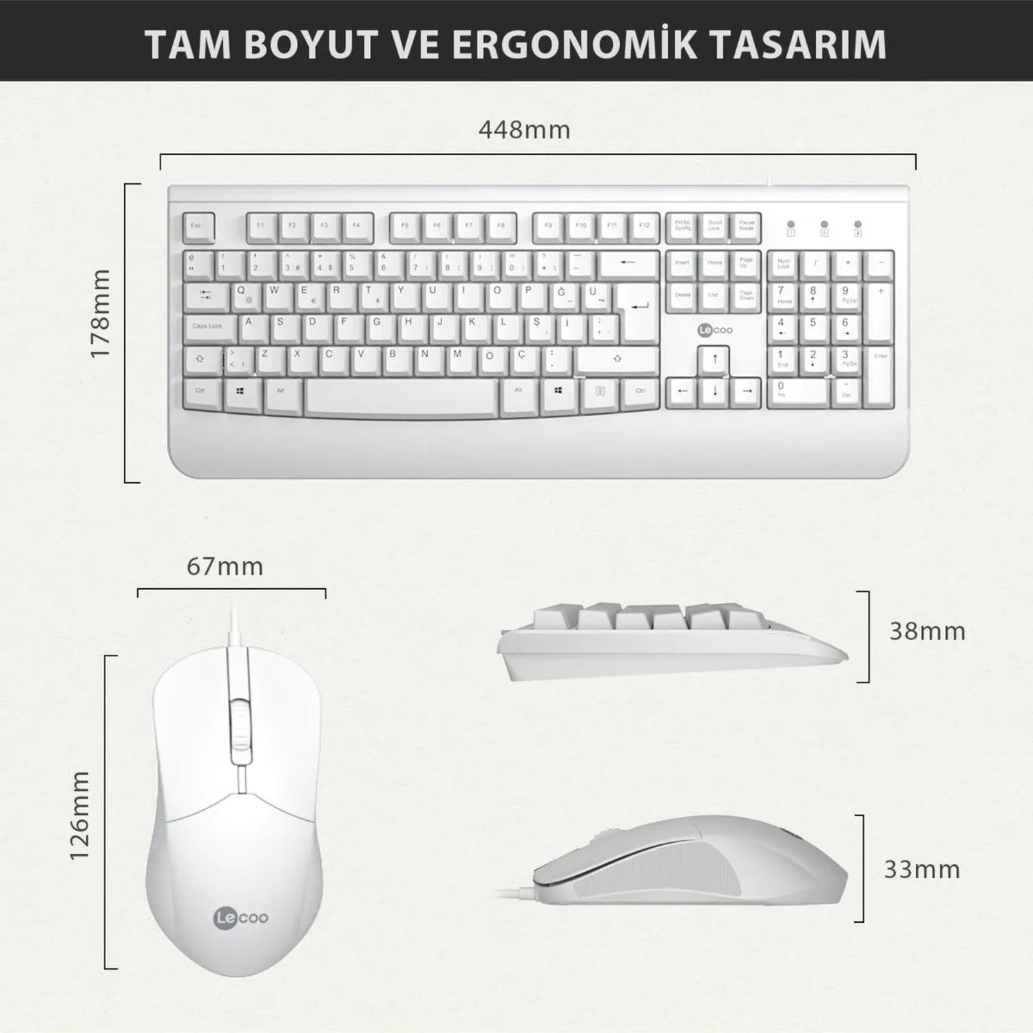 LecooLecoo USB Kablolu Türkçe Q Klavye & Mouse Set Beyaz (CM105) GKE