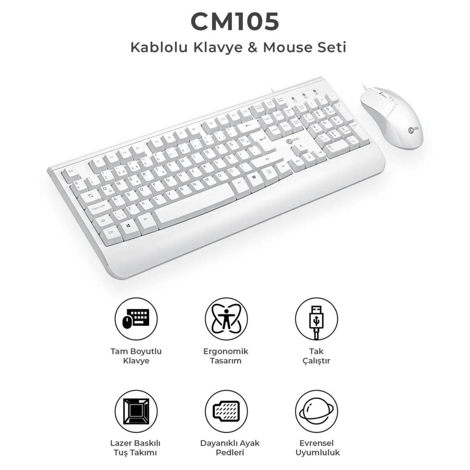 LecooLecoo USB Kablolu Türkçe Q Klavye & Mouse Set Beyaz (CM105) GKE