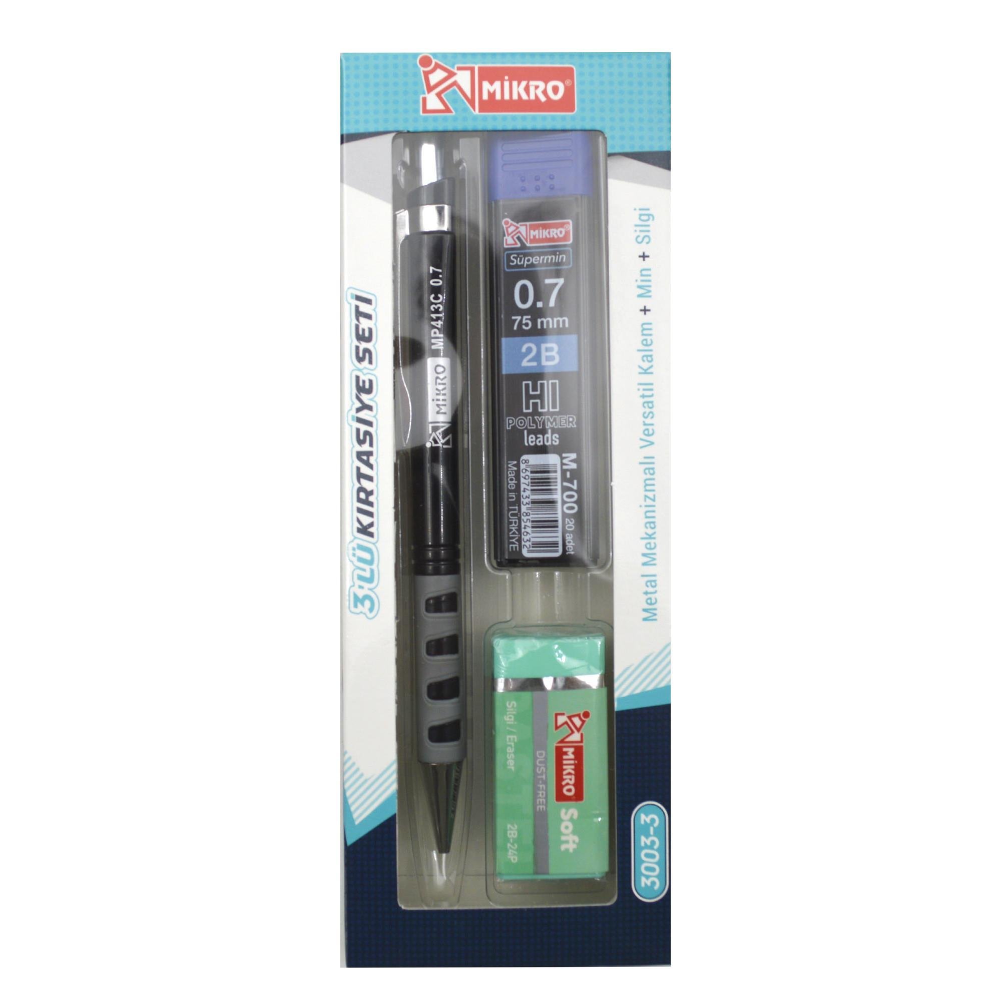 MİKROMikro Kırtasiye Okul Seti Versatil 3 Lü  0,7 ( Kalem+Silgi+Uç) MK-3003-3