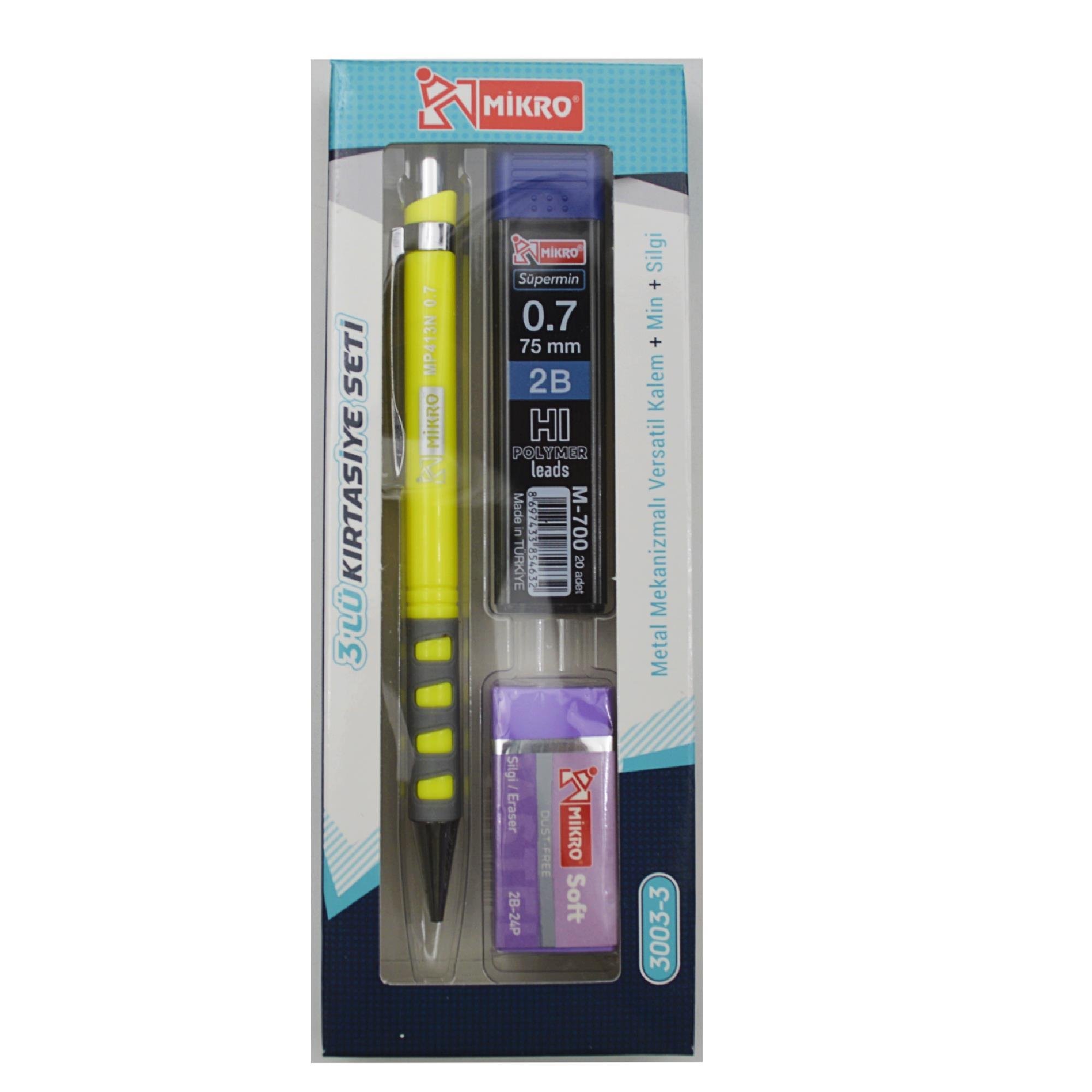 MİKROMikro Kırtasiye Okul Seti Versatil 3 Lü  0,7 ( Kalem+Silgi+Uç) MK-3003-3