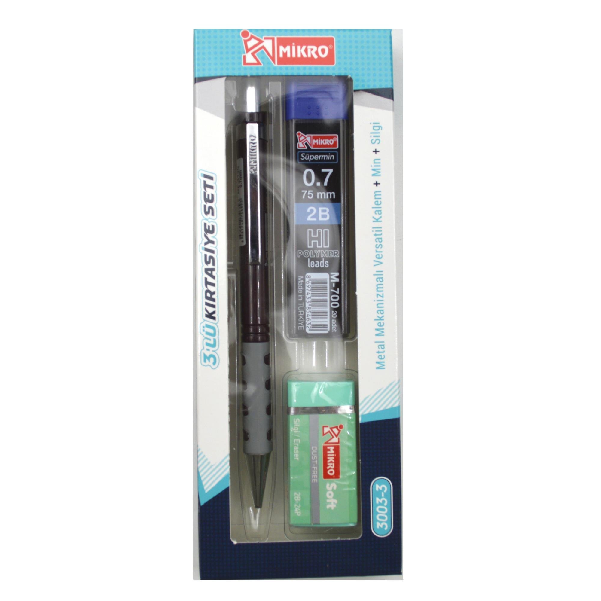 MİKROMikro Kırtasiye Okul Seti Versatil 3 Lü  0,7 ( Kalem+Silgi+Uç) MK-3003-3