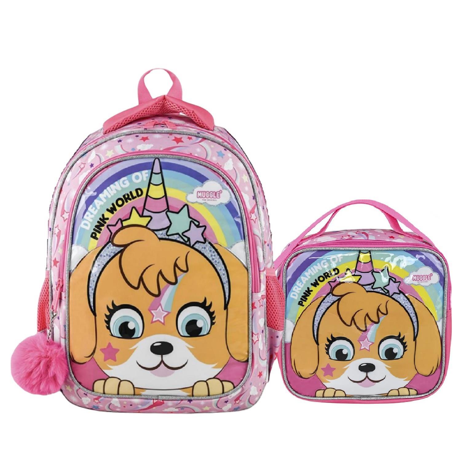 MuggleMuggle 2 Bölmeli Pink World Okul  Çantası + Termoslu Beslenme Çantası