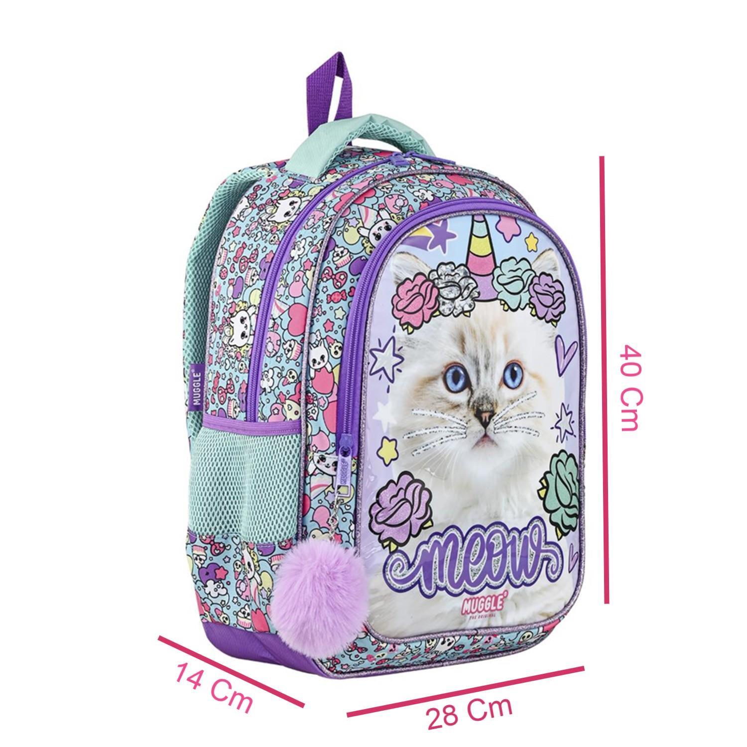 MuggleMuggle 2 Bölmeli Pretty Cat Meow Okul Sırt Çantası Mor (MU-9022)