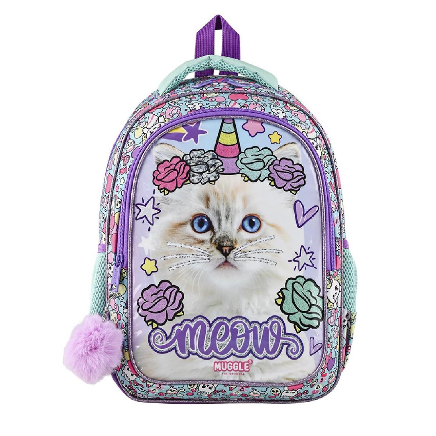 MuggleMuggle 2 Bölmeli Pretty Cat Meow Okul Sırt Çantası Mor (MU-9022)