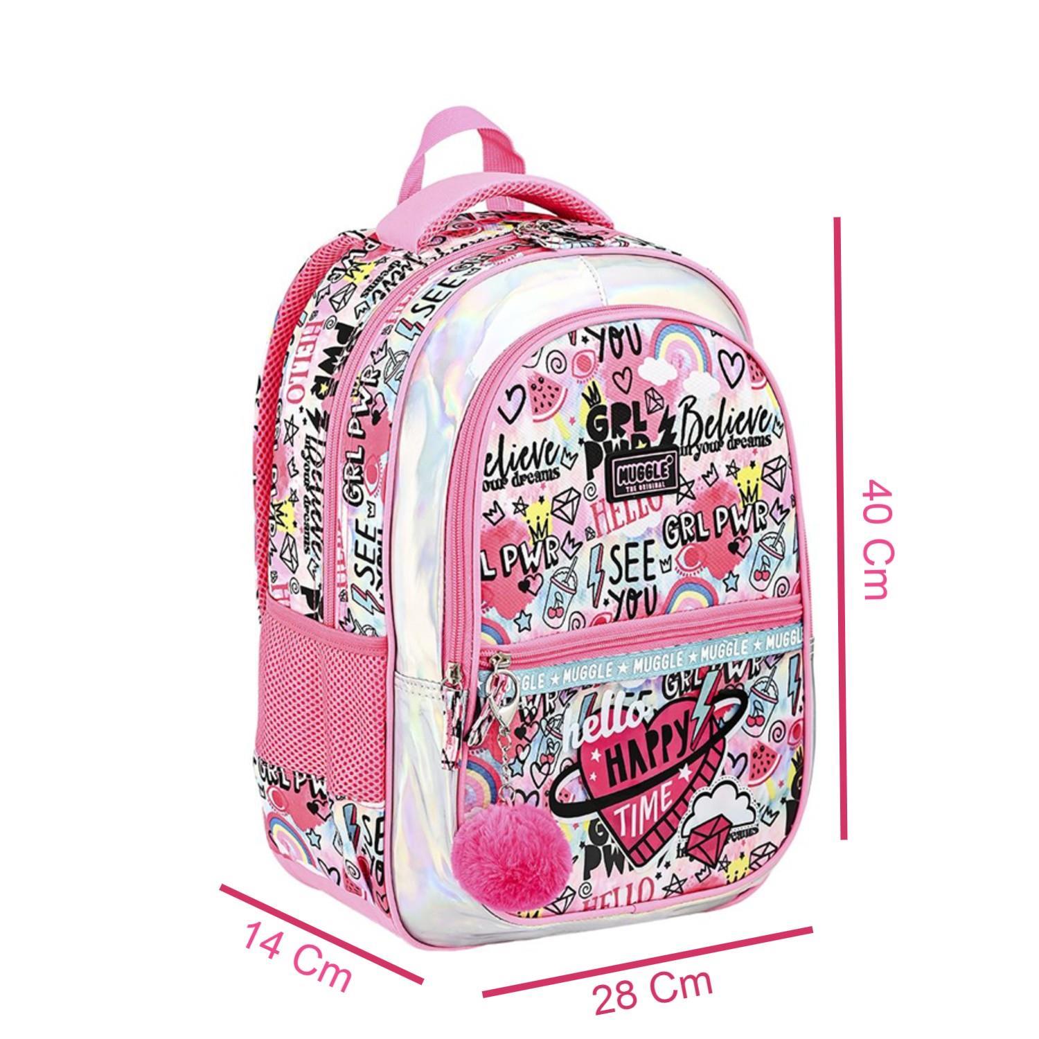 MuggleMuggle 3 Bölmeli Happy Time Okul Sırt Çantası Pembe (MU-9071)
