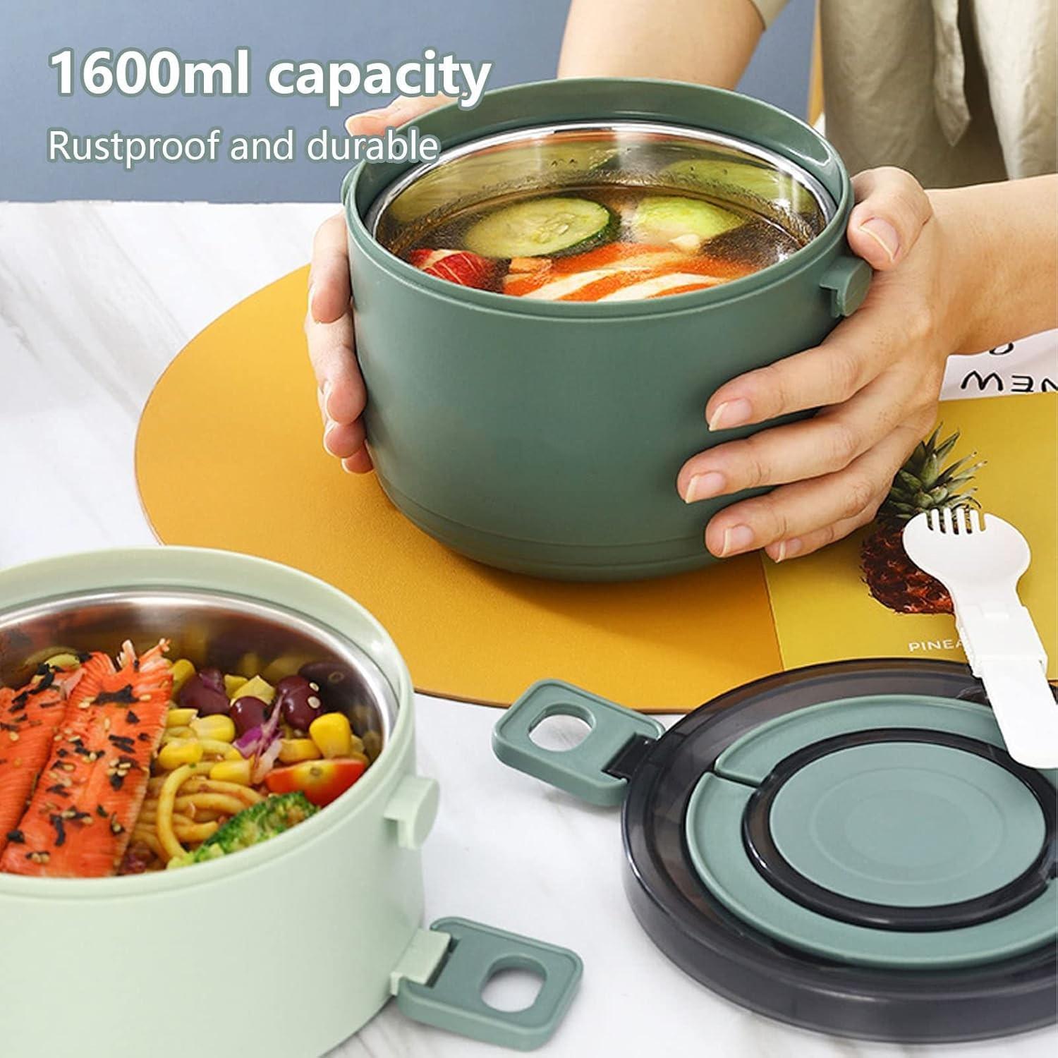 NokiNoki Çift Katlı Taşıma Kulplu Paslanmaz Çelik Yuvarlak Beslenme Kabı 1600 ml (T0135) Haki