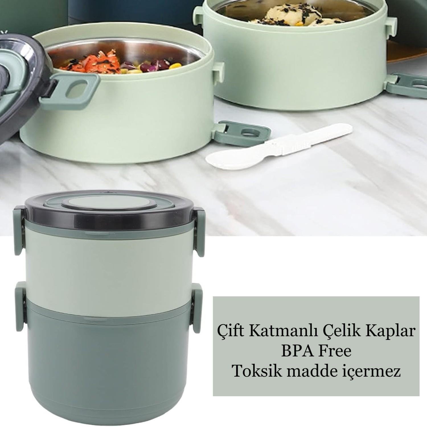 NokiNoki Çift Katlı Taşıma Kulplu Paslanmaz Çelik Yuvarlak Beslenme Kabı 1600 ml (T0135) Haki