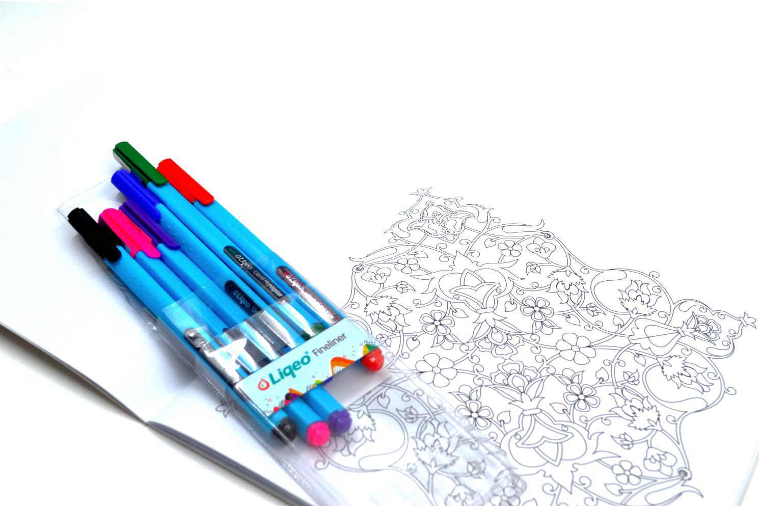 NokiNoki Motifli Boyama Kitabı Ve 6 Lı Liqeo Fineliner Mandala Seti 