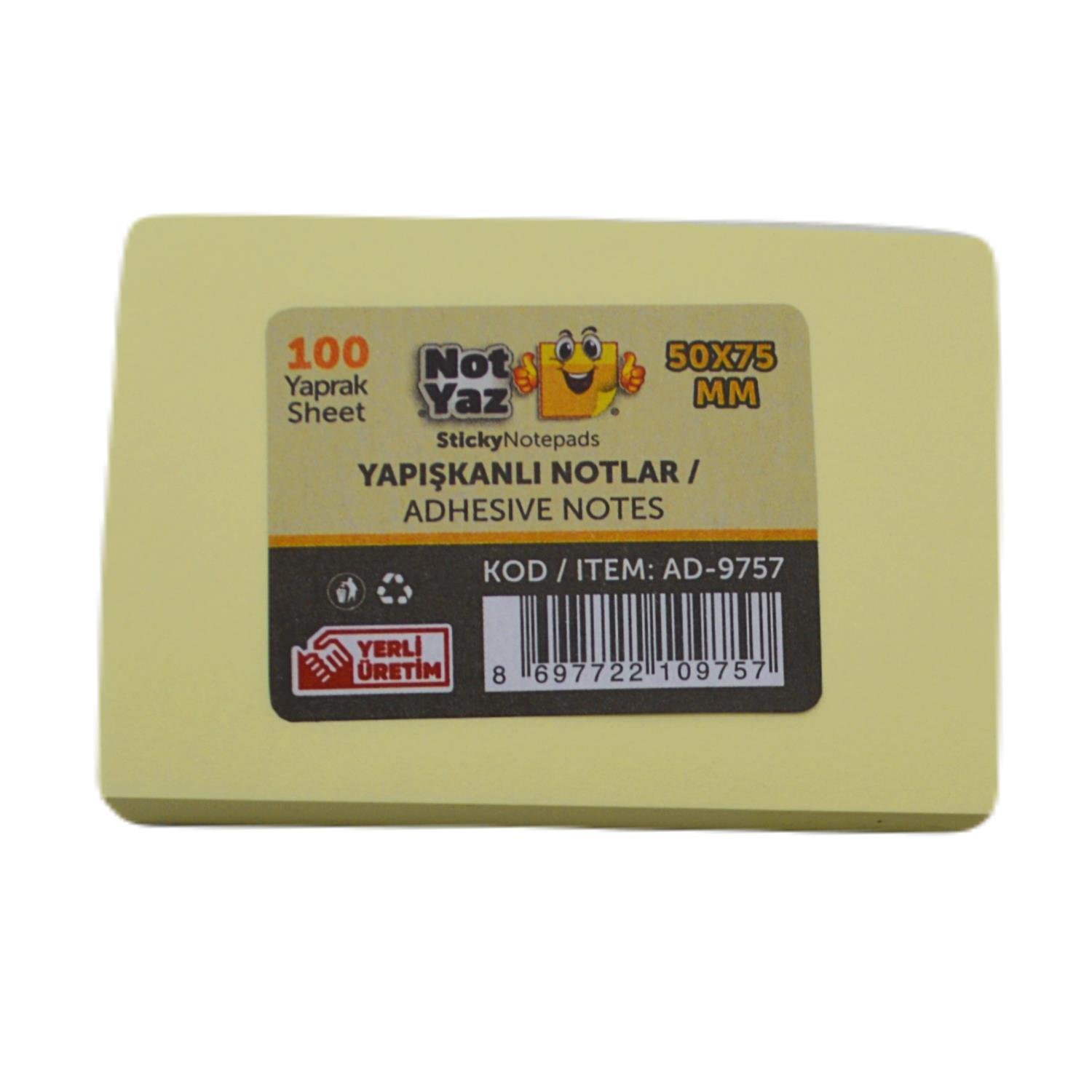 NOTYAZNot Yaz 50x75 100 Yaprak Yapışkanlı Not Kağıdı Sarı (AD-9757)