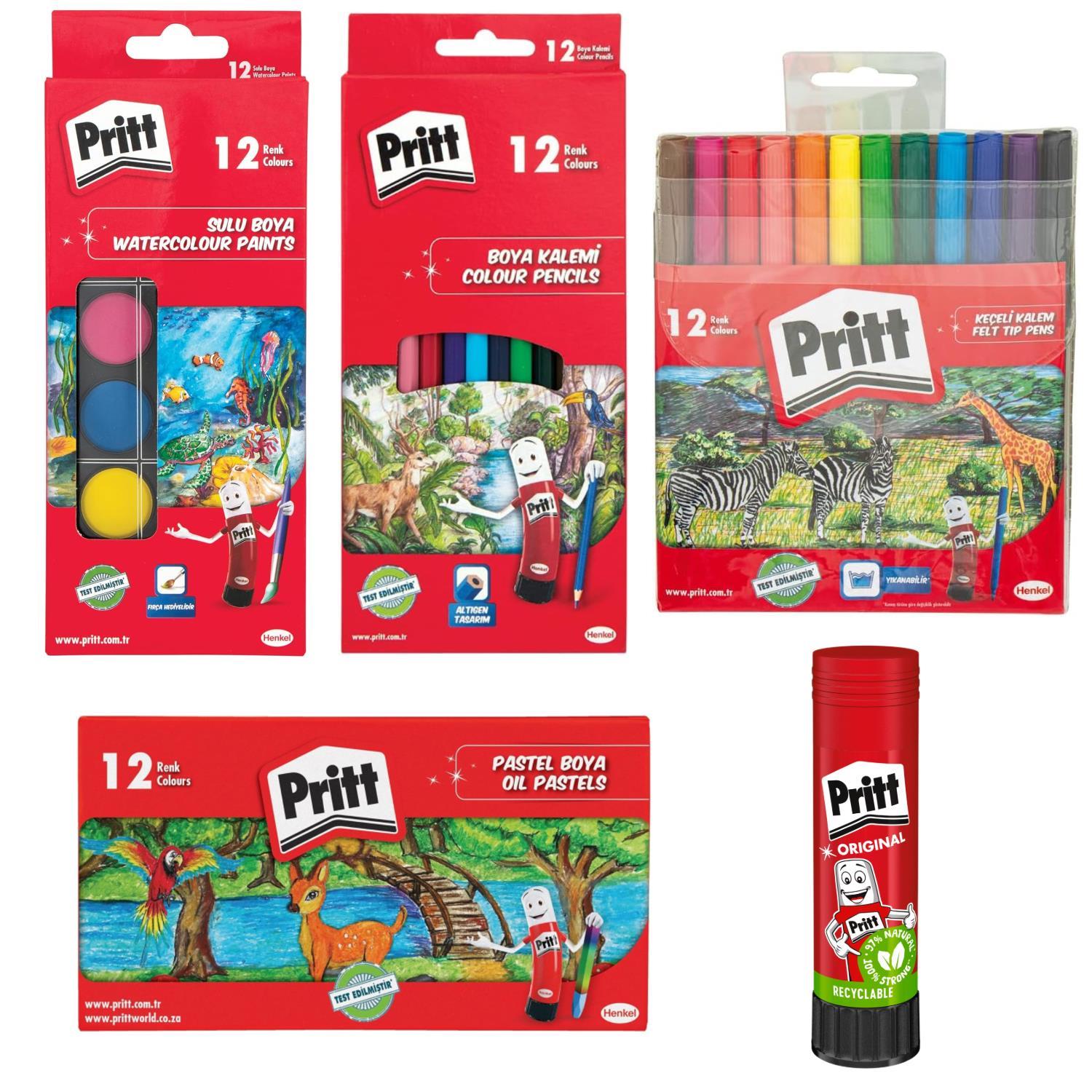 PrittPritt Boyama Seti Kuru Sulu Pastel Keçeli ve 43 Gr Stick Yapıştırıcı Kırtasiye Seti