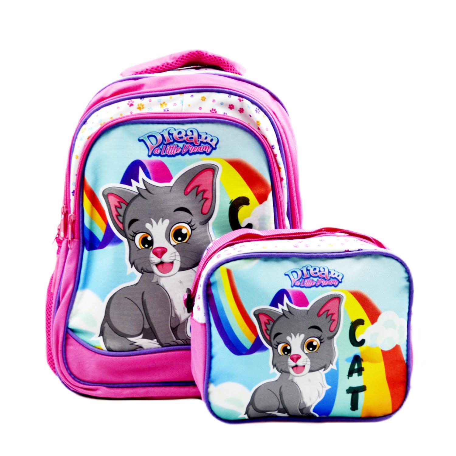 SentorSentor 3 Bölmeli İlkokul Okul Sırt Çantası Ve Beslenme Çantası Kedi Pembe