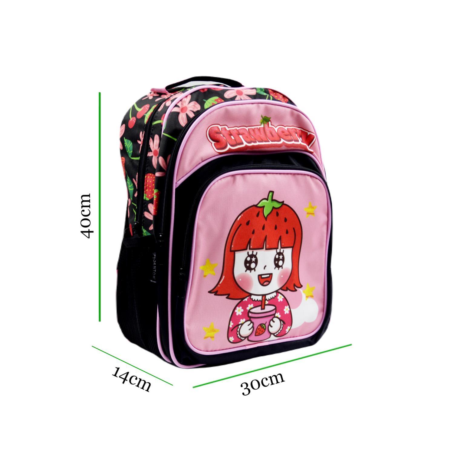 SentorSentor 3 Bölmeli İlkokul Okul Sırt Çantası Ve Beslenme Çantası Strawberry Pembe-Siyah