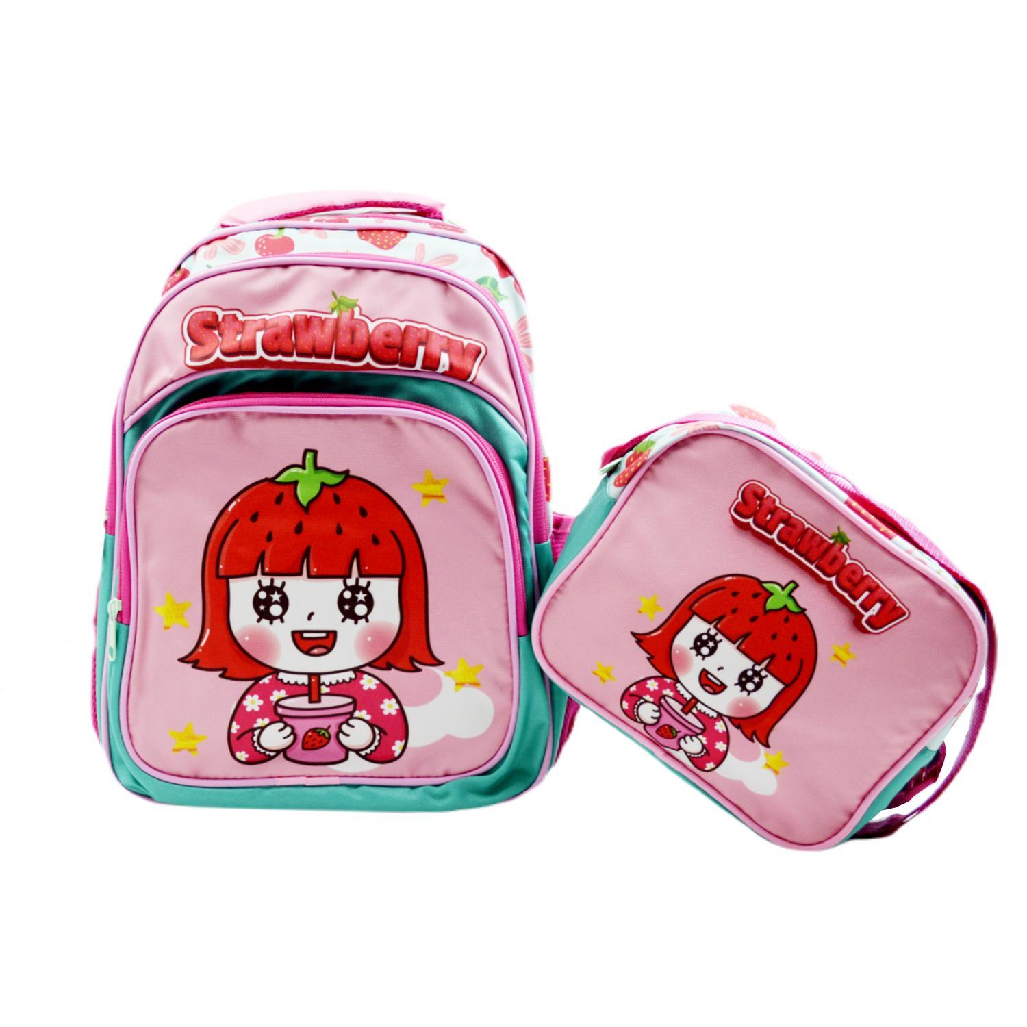 SentorSentor 3 Bölmeli İlkokul Okul Sırt Çantası Ve Beslenme Çantası Strawberry Turkuaz-Pembe