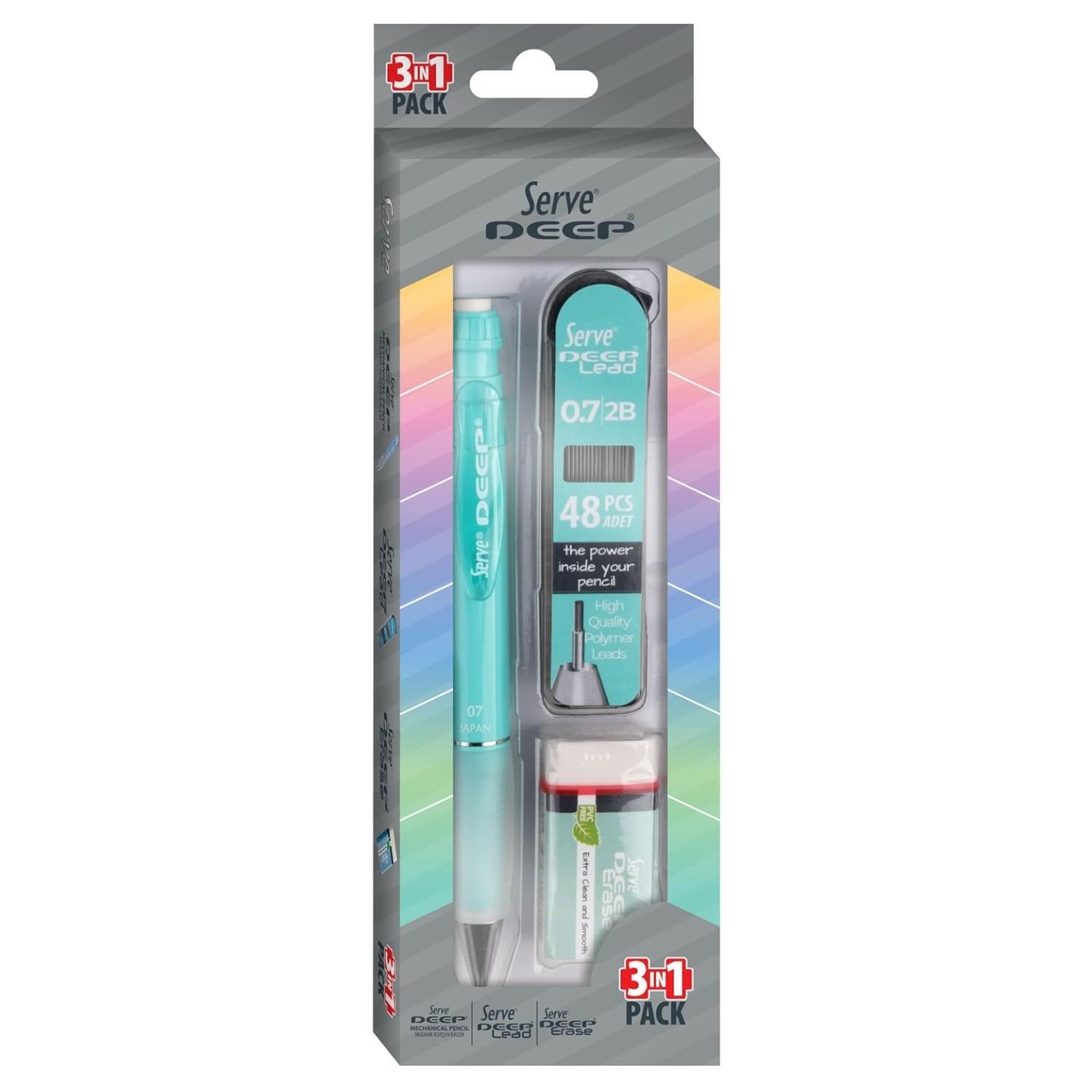 ServeServe Deep Pastel Mekanik Versatil Uçlu Kalem Uç-Silgi 3 lü Okul Seti 0.7
