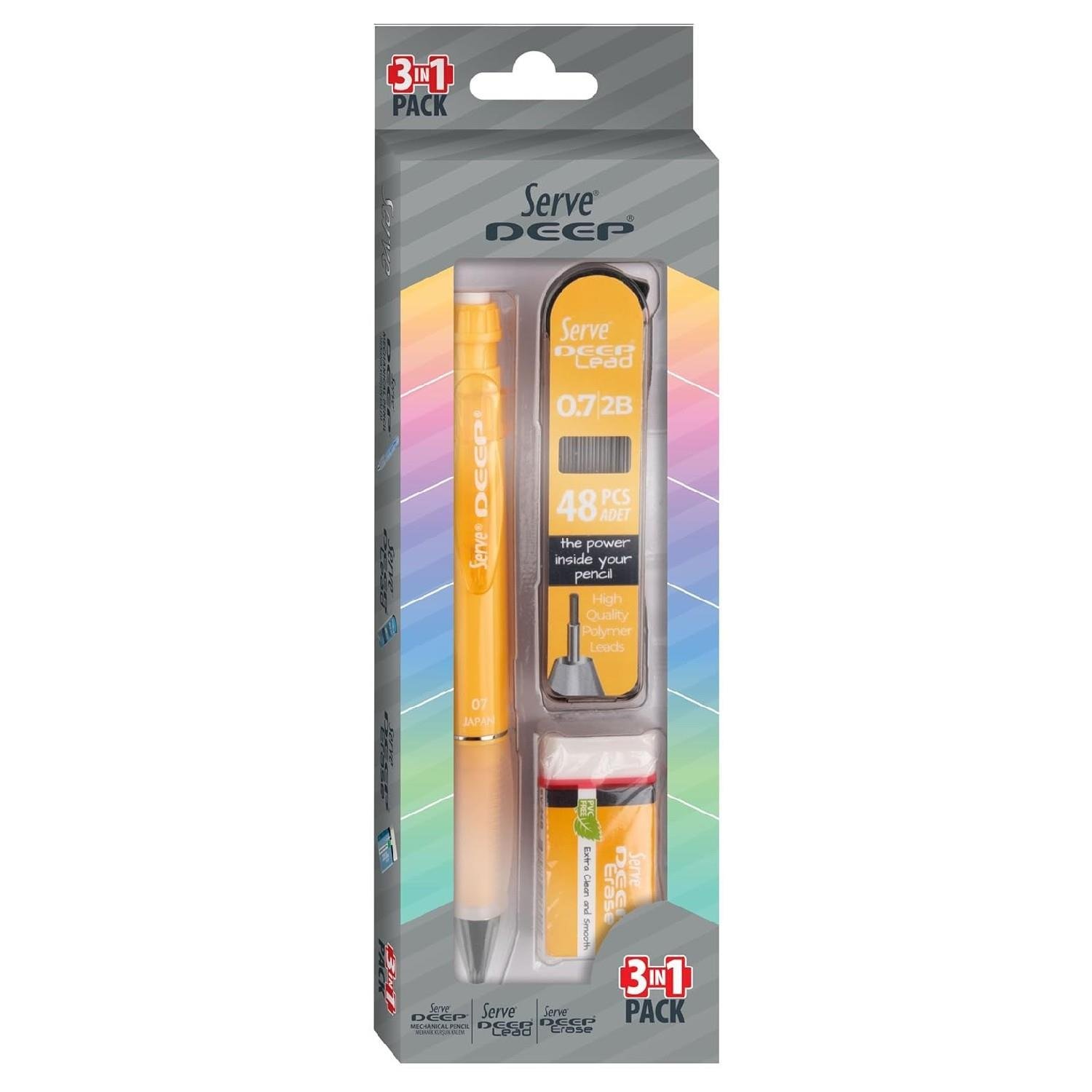 ServeServe Deep Pastel Mekanik Versatil Uçlu Kalem Uç-Silgi 3 lü Okul Seti 0.7