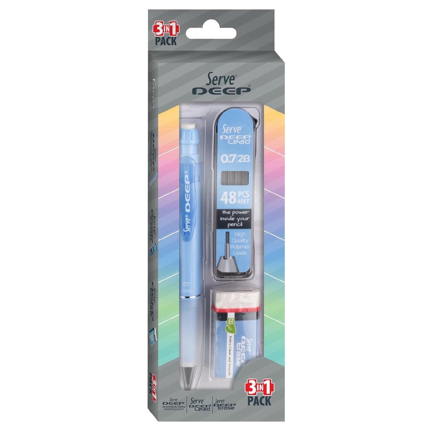 ServeServe Deep Pastel Mekanik Versatil Uçlu Kalem Uç-Silgi 3 lü Okul Seti 0.7