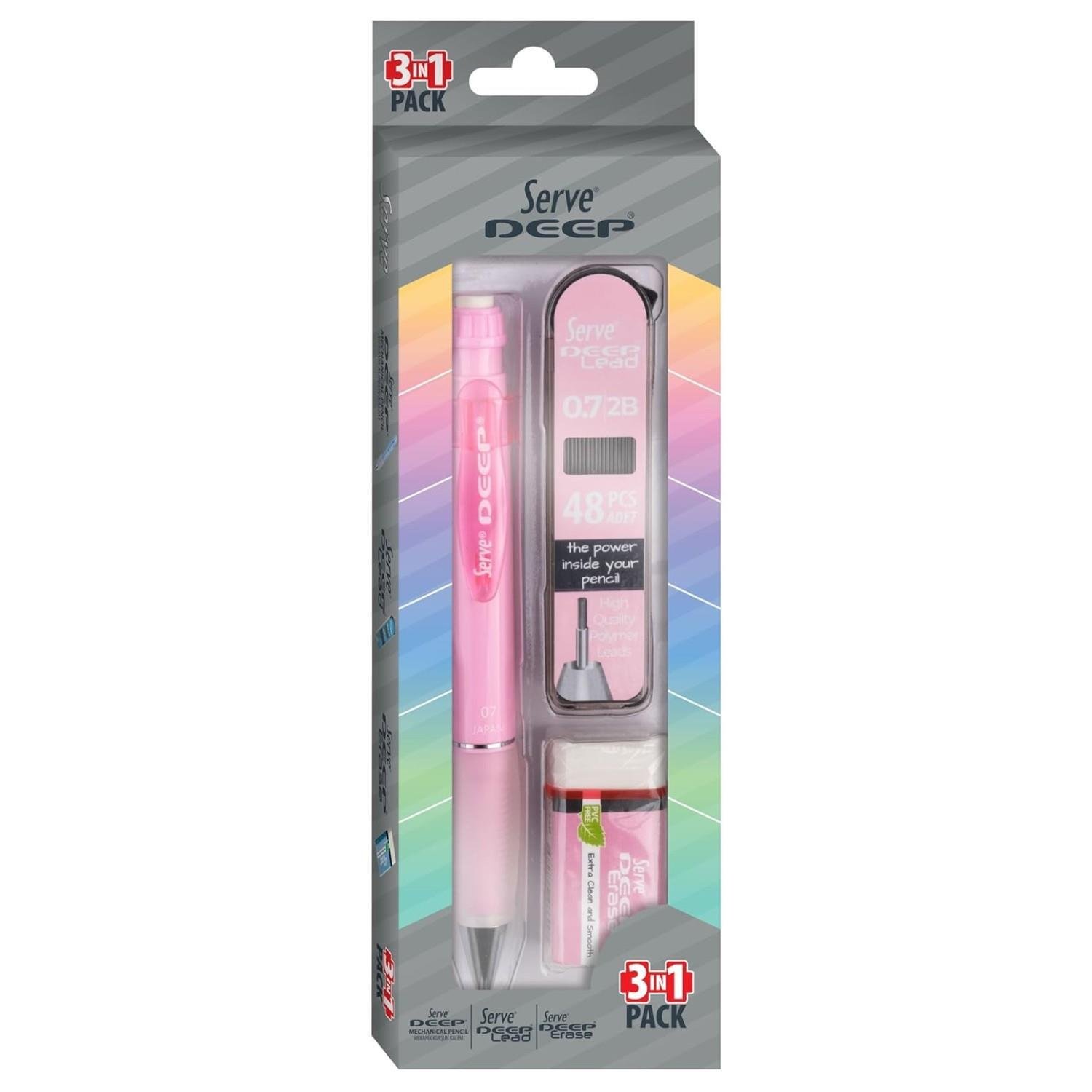 ServeServe Deep Pastel Mekanik Versatil Uçlu Kalem Uç-Silgi 3 lü Okul Seti 0.7