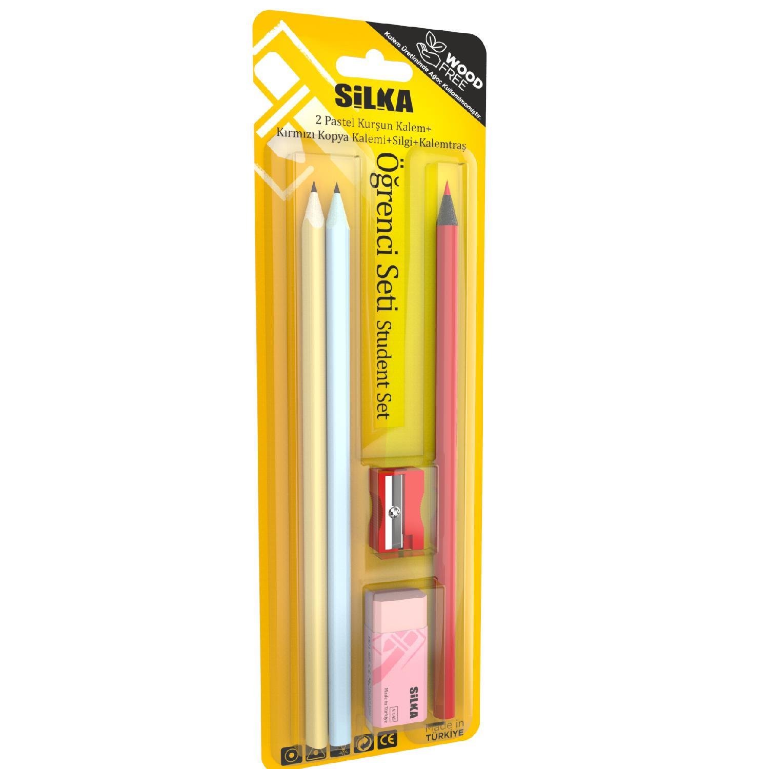SİLKASilka Öğrenci Seti (2 Kurşun Kalem +1 Kırmızı Kalem +1 Pastel Silgi +1 Kalemtıraş) (Art-649)