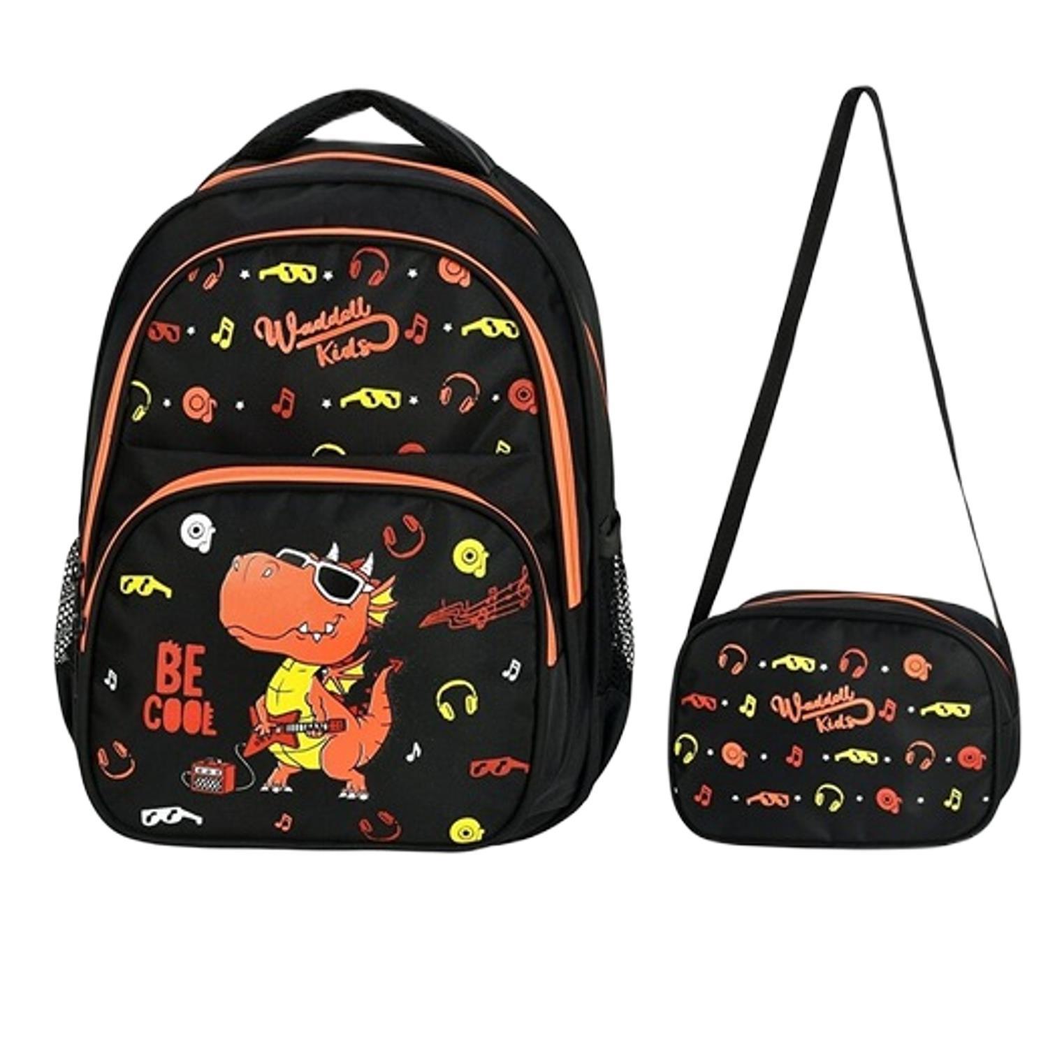 WaddellWaddell 3 Bölmeli Dinazor Desenli İlkokul Çantası ve Beslenme Çantası Turuncu 5048 