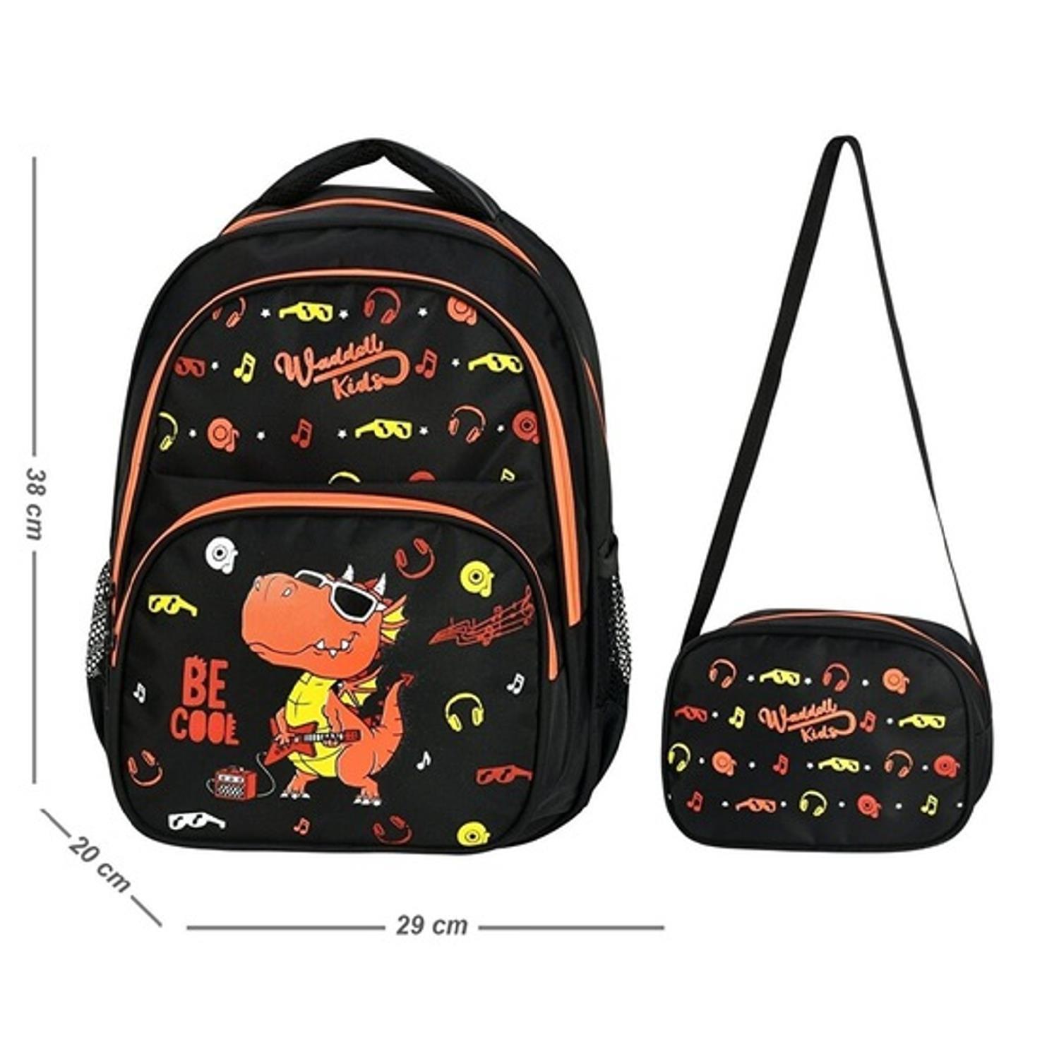 WaddellWaddell 3 Bölmeli Dinazor Desenli İlkokul Çantası ve Beslenme Çantası Turuncu 5048 