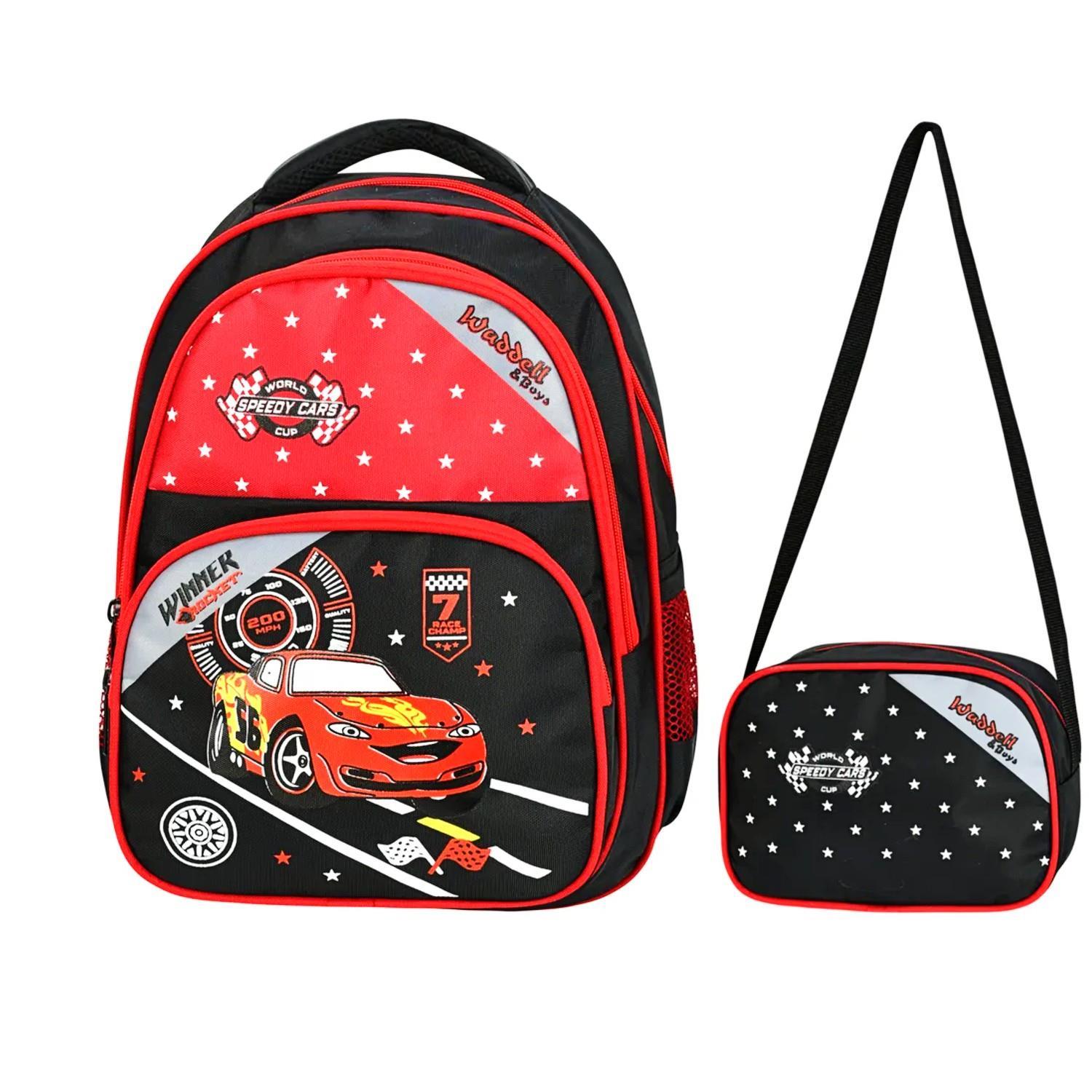 WaddellWaddell 3 Bölmeli İlkokul Çantası ve Beslenme Çantası Yarış Arabası Kırmızı-Siyah 5014