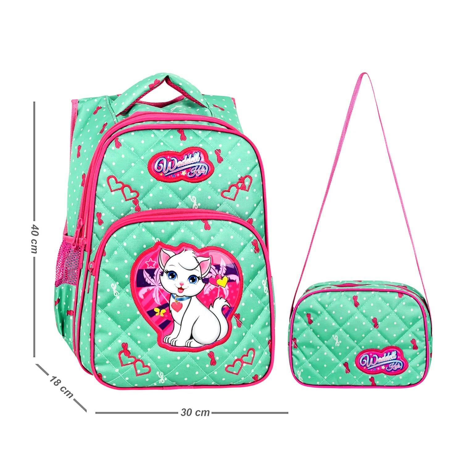 WaddellWaddell 3 Bölmeli İlkokul Çantası ve Beslenme Çantası Beyaz Kedi Su Yeşili 24002