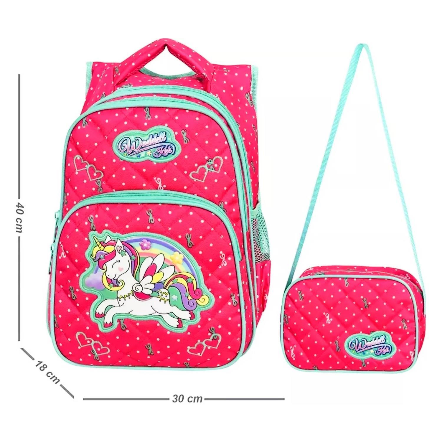 WaddellWaddell 3 Bölmeli İlkokul Çantası ve Beslenme Çantası Unicorn Benekli Pembe 24005