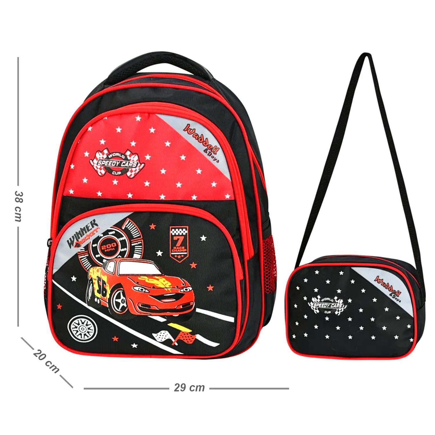 WaddellWaddell 3 Bölmeli İlkokul Çantası ve Beslenme Çantası Yarış Arabası Kırmızı-Siyah 5014