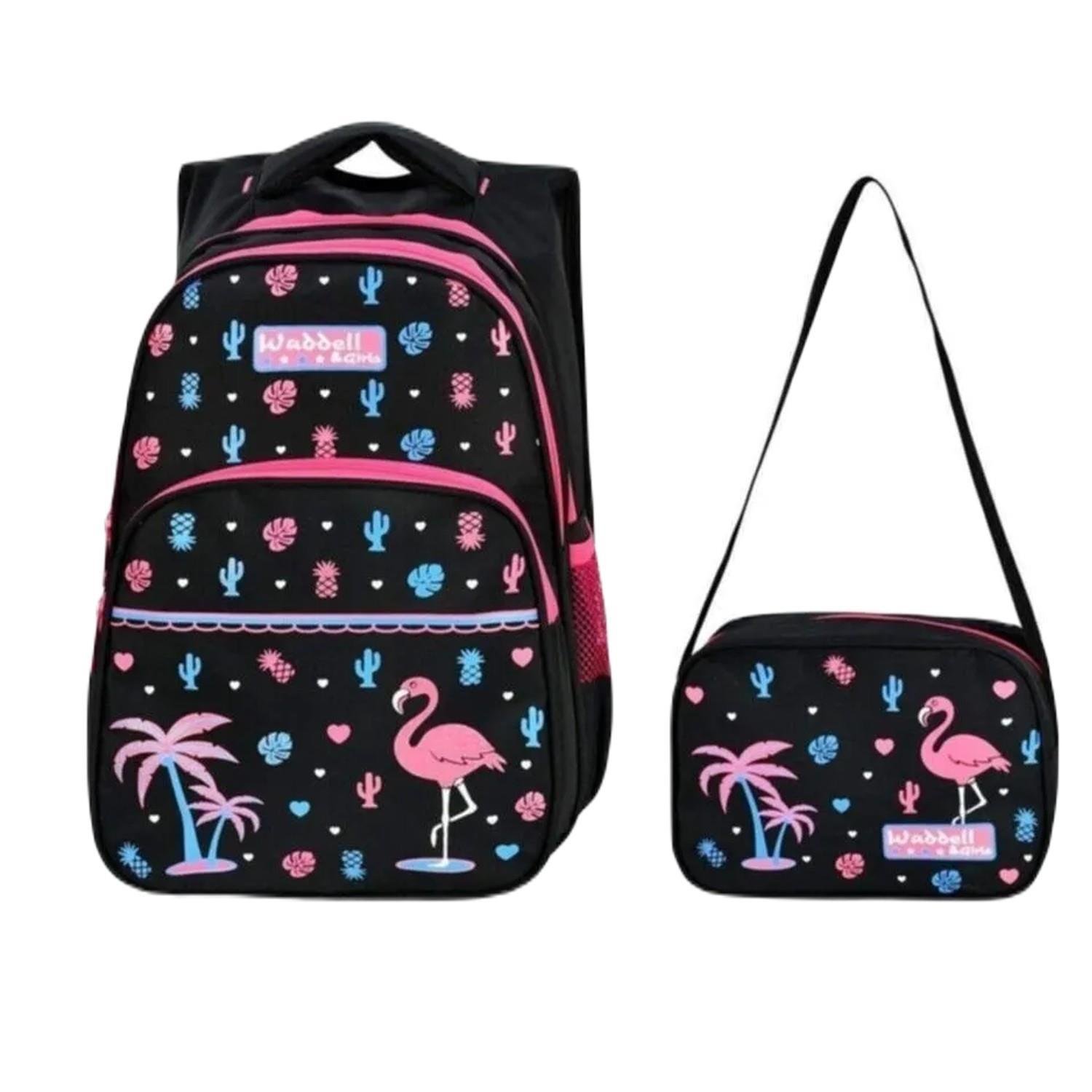 WaddellWaddell 3 Bölmeli İlkokul ve Beslenme Çantası Flamingo Siyah-Pembe 3001 