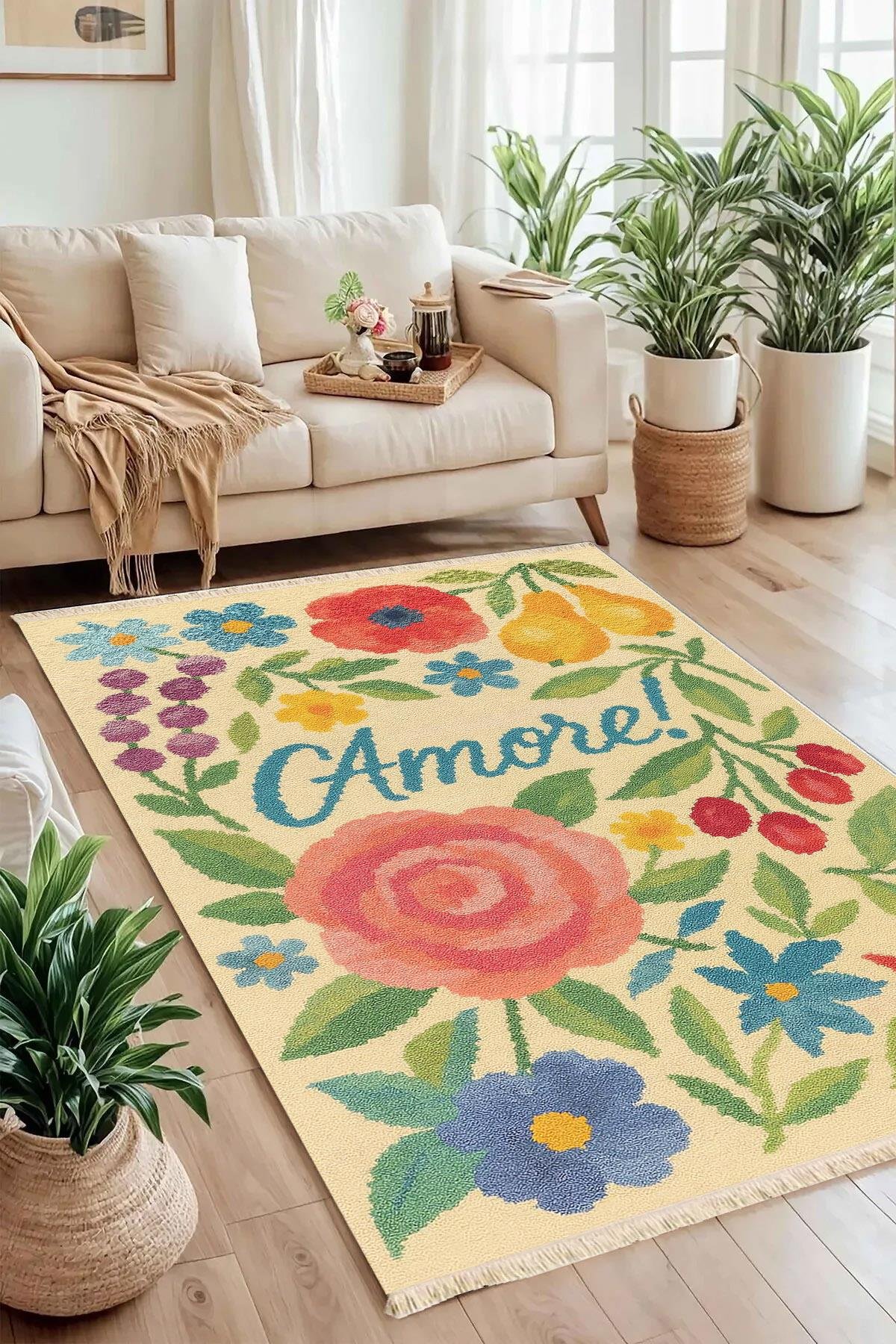 Amore Çiçek Desenli Akdeniz Temalı Baskılı Dokuma Taban Halı 286 YNGMarkaev
