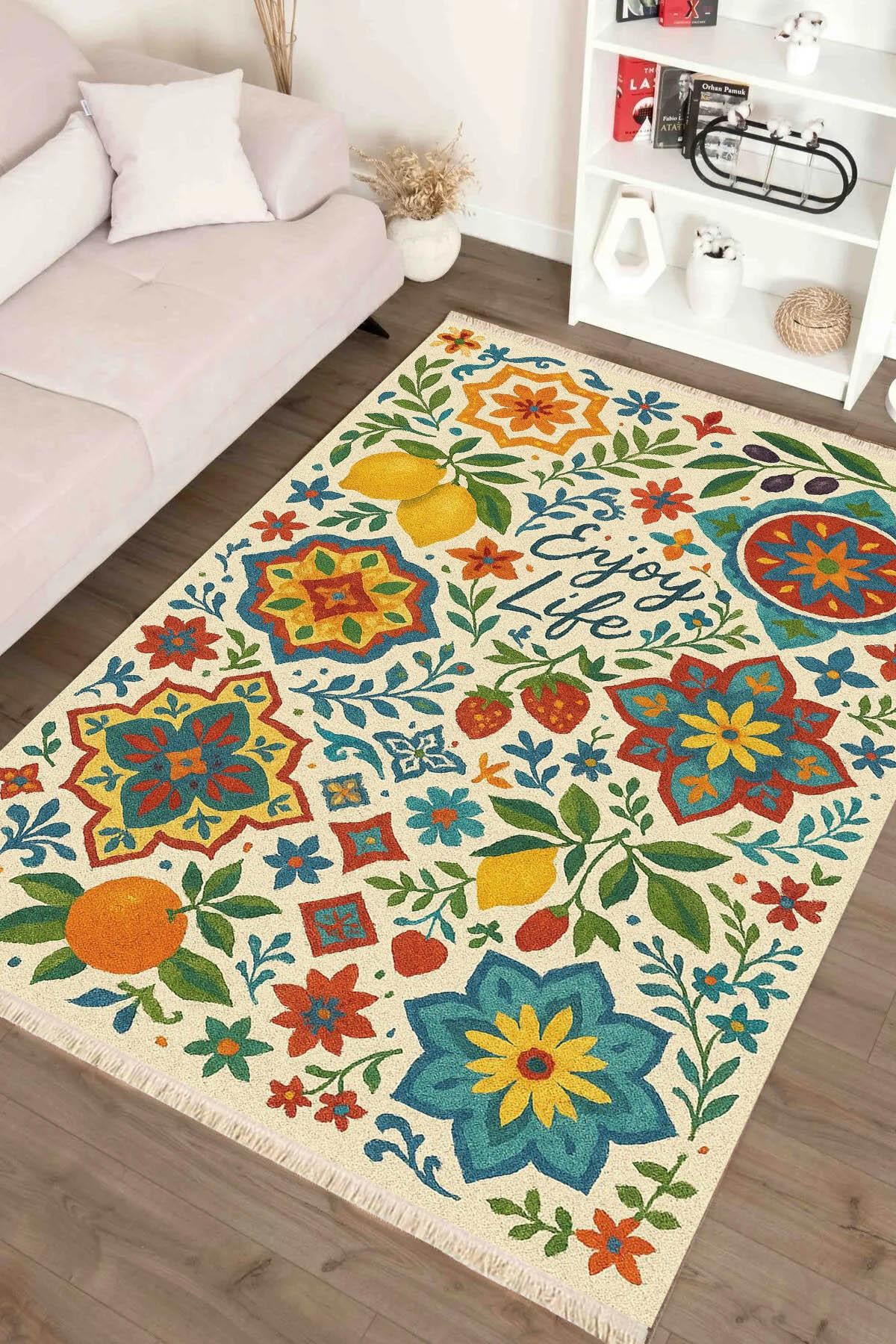 Enjoy Life Akdeniz Temalı Baskılı Dokuma Taban Halı 283 YNGMarkaev