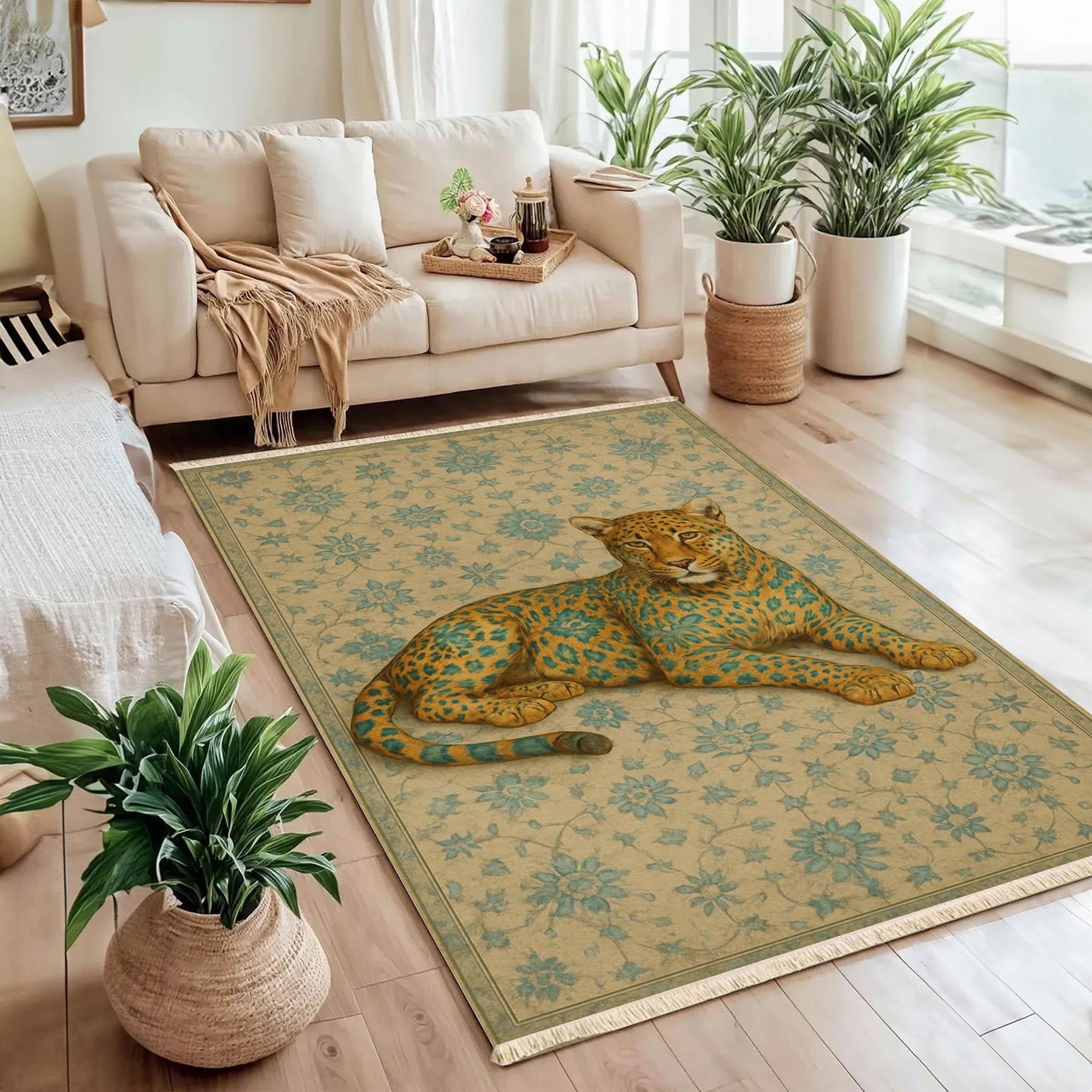 Leopar Figürlü Dekoratif Halı Bej Desenli Halı Dokuma Taban Halı 331 YNGMarkaev