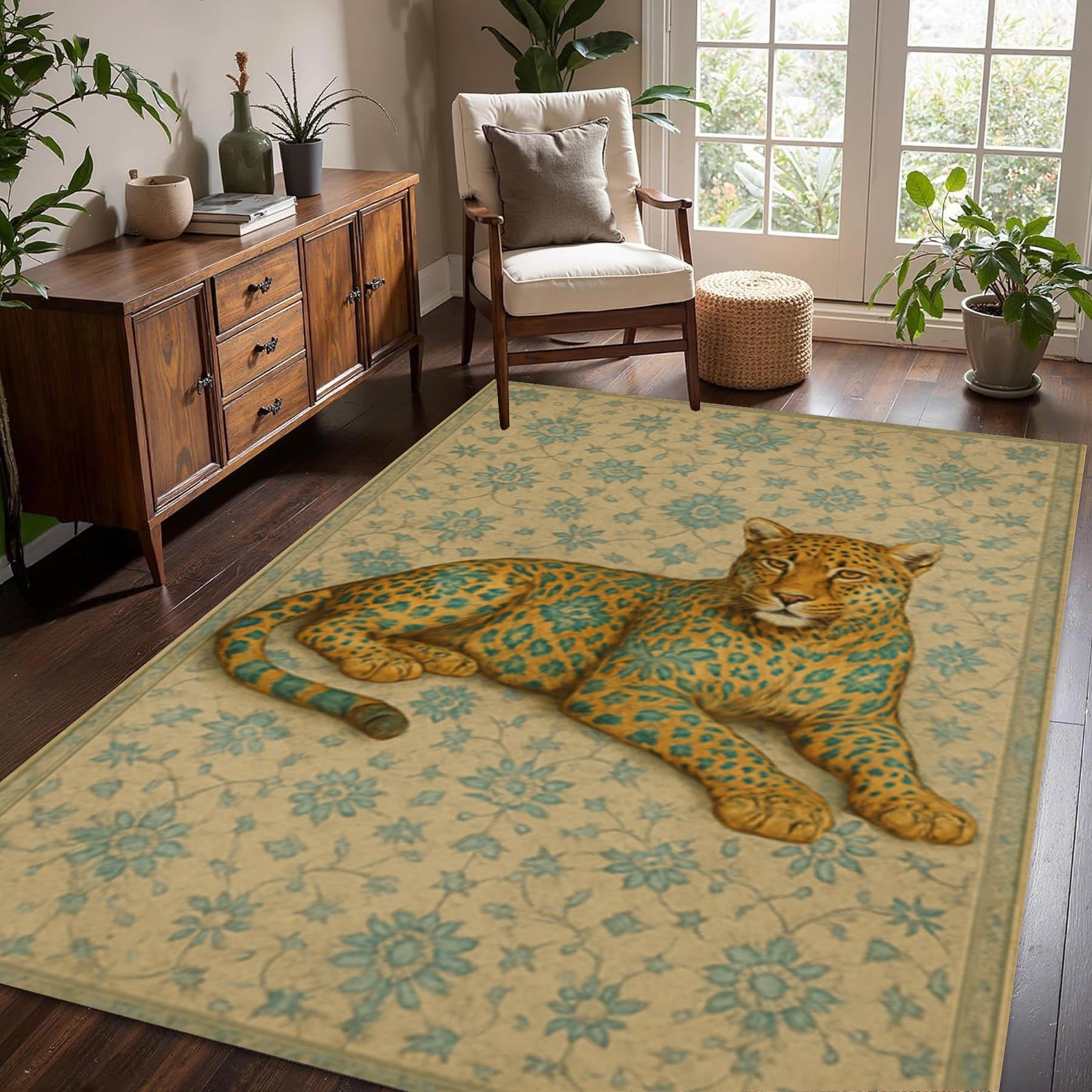 Leopar Figürlü Dekoratif Halı Bej Desenli Halı Dokuma Taban Halı 331 YNGMarkaev