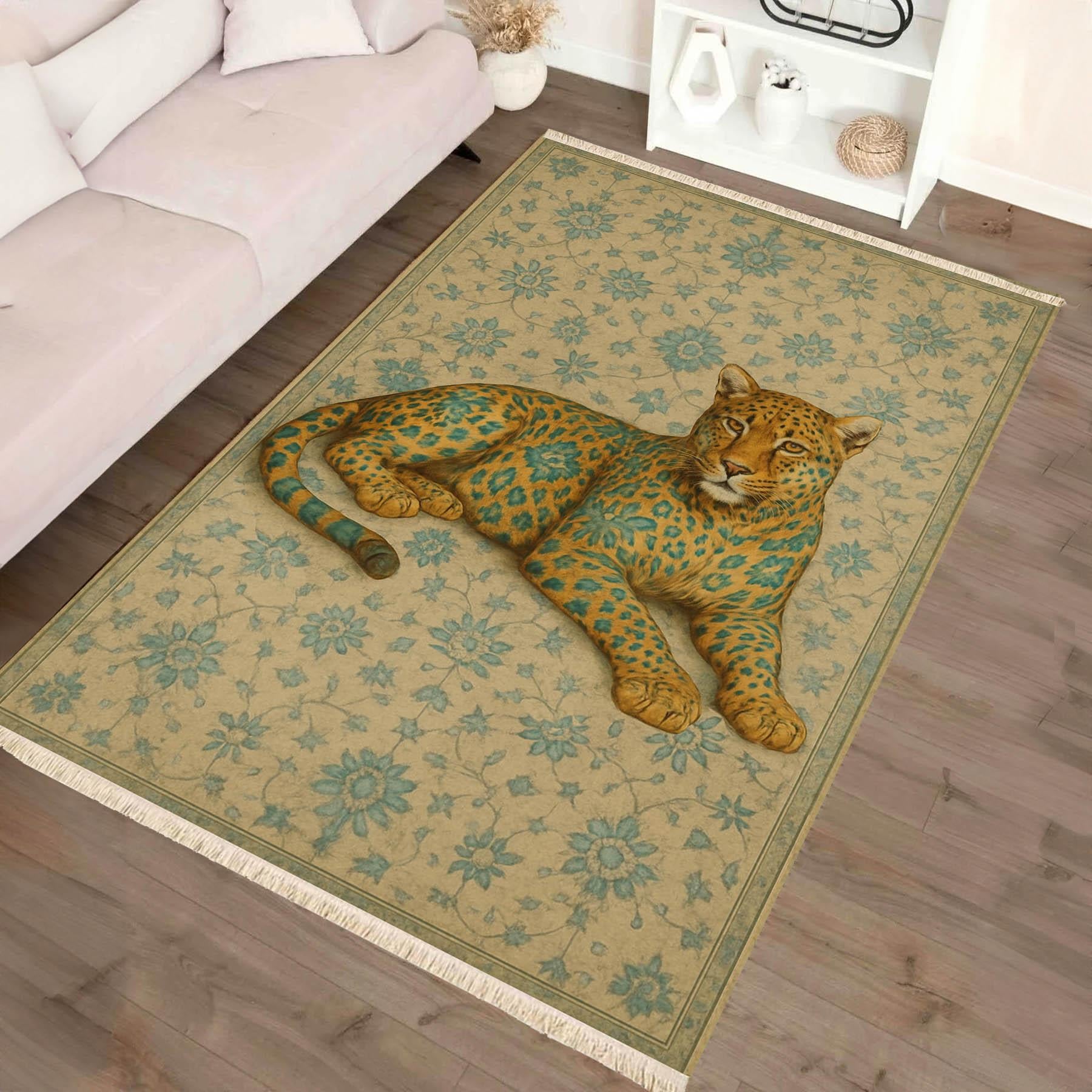 Leopar Figürlü Dekoratif Halı Bej Desenli Halı Dokuma Taban Halı 331 YNGMarkaev