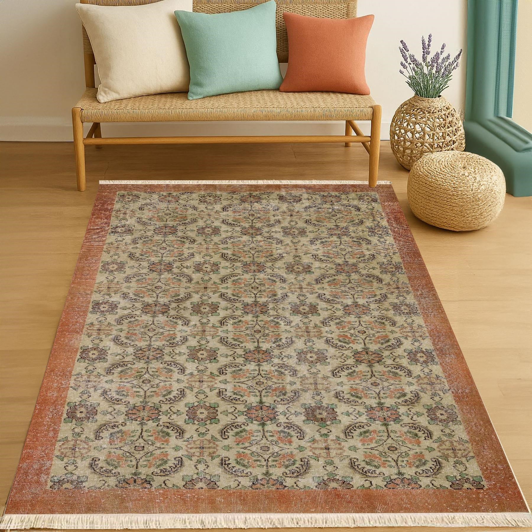 Vintage Desenli Bej Etnik Kilim Dokuma Taban Halı 321 YNGMarkaev