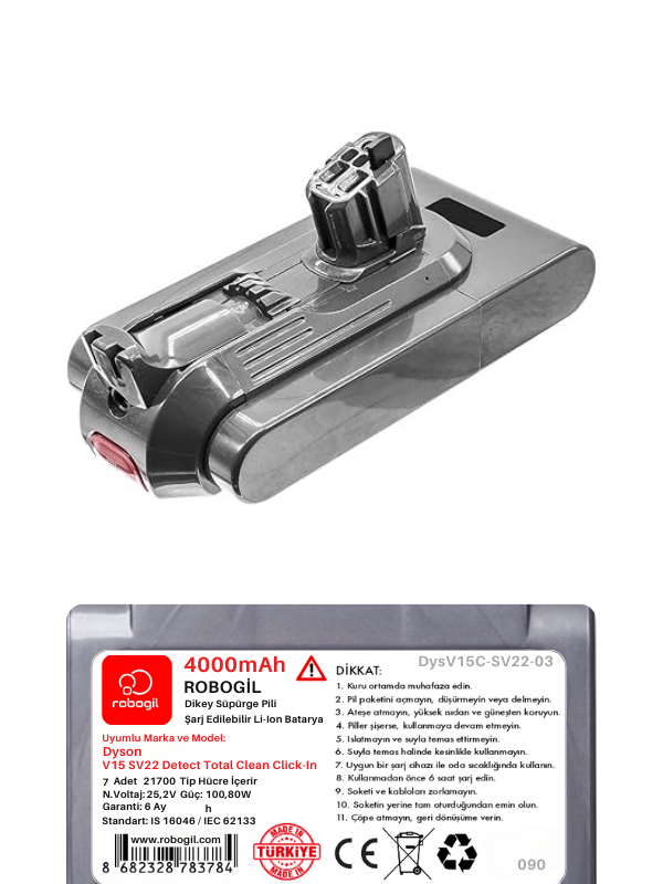 Dyson V15C SV22 Detect Total Clean Click-In Uyumlu Pil Paketi / Bataryası DysV15C-SV22-03