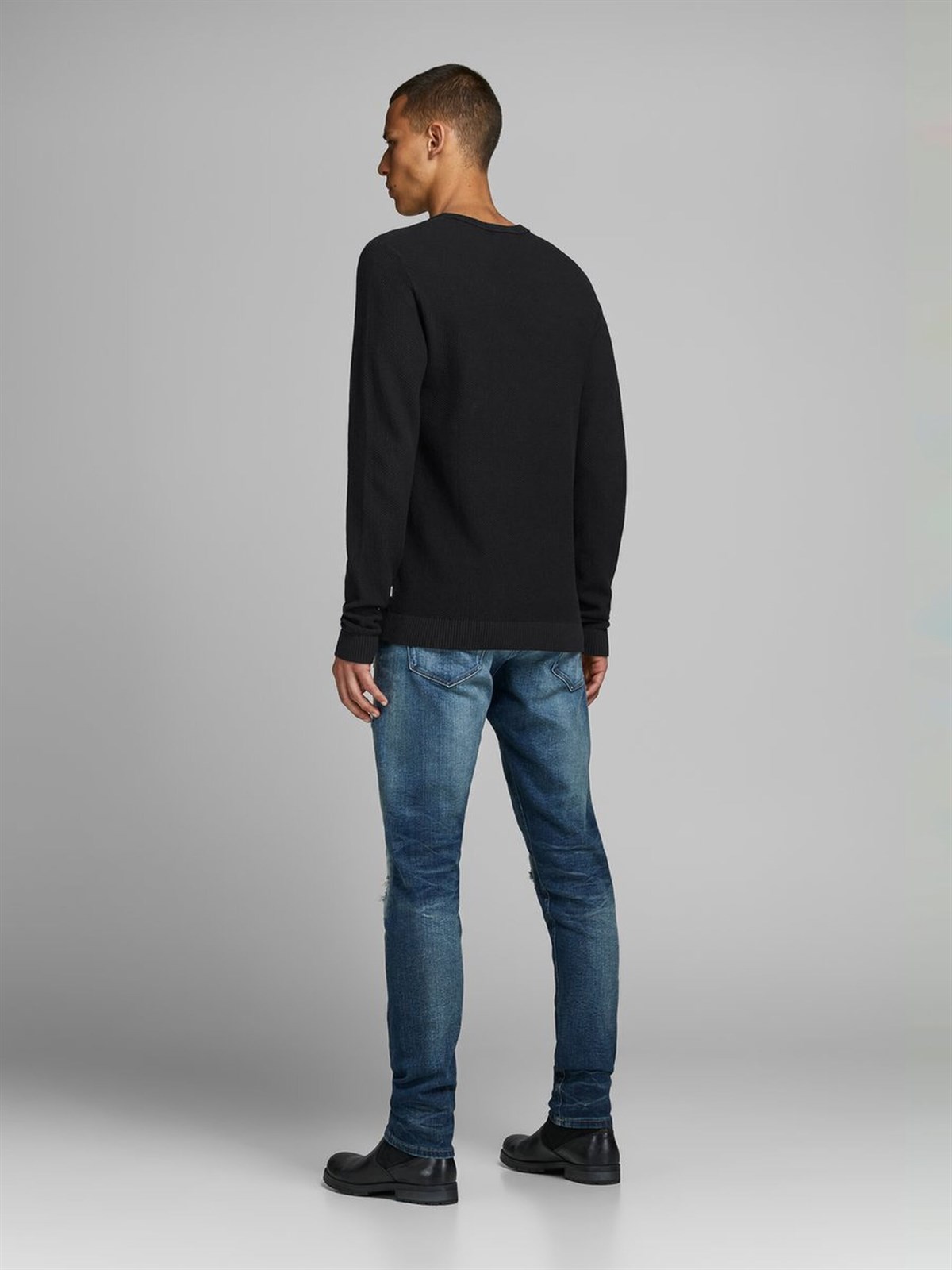 12137171NEBIMV3NEBIMV3|12137171|BlackJACK & JONES JJESTRUCTURE KNIT CREW NECK NOOS ERKEK KAZAK-Black Denim