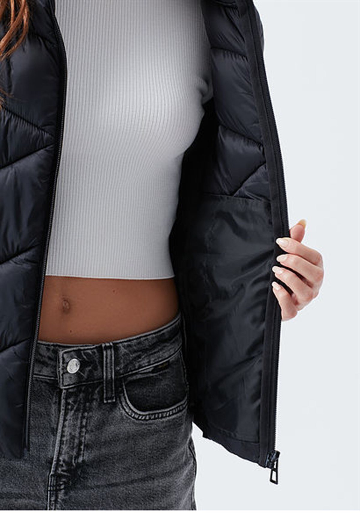 110698-900Mavi Dik Yaka Siyah Kadın Mont