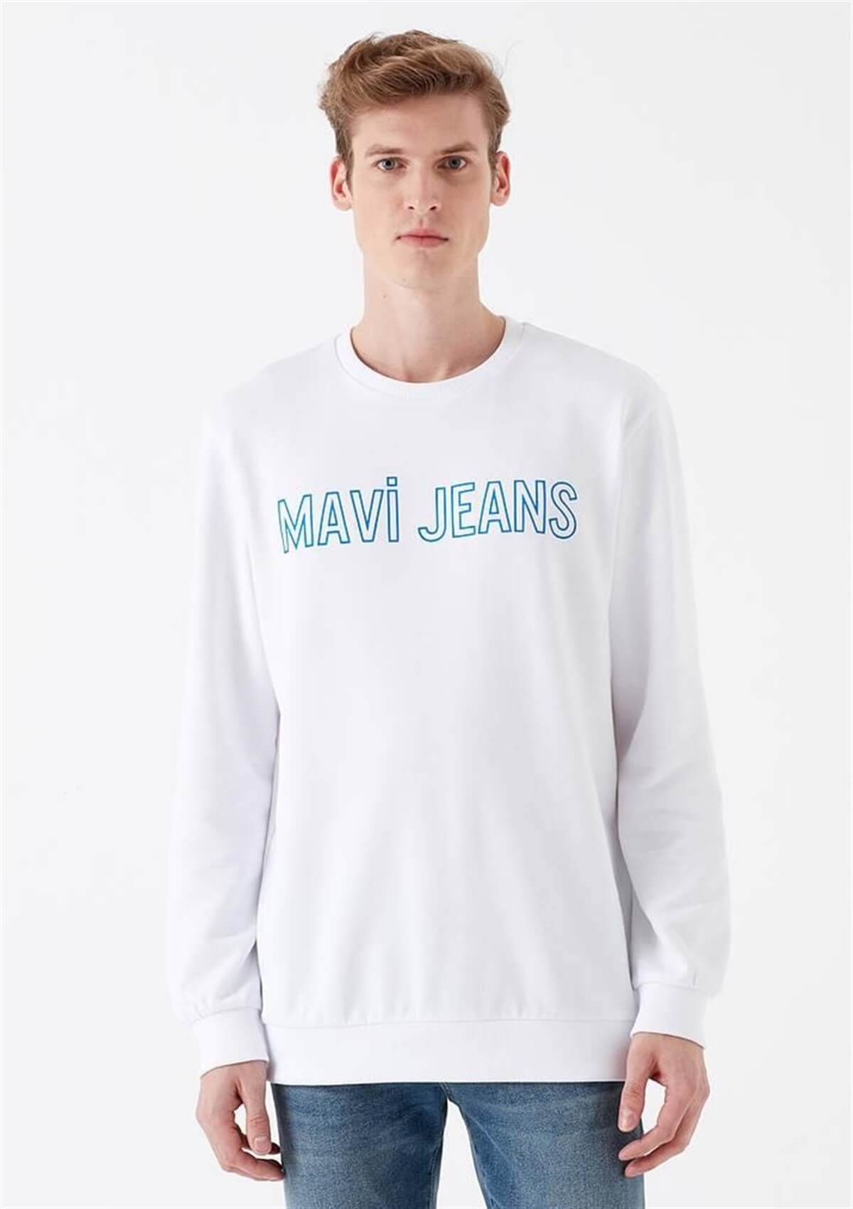 065752-620Mavi Baskılı Sweatshirt Erkek  Beyaz