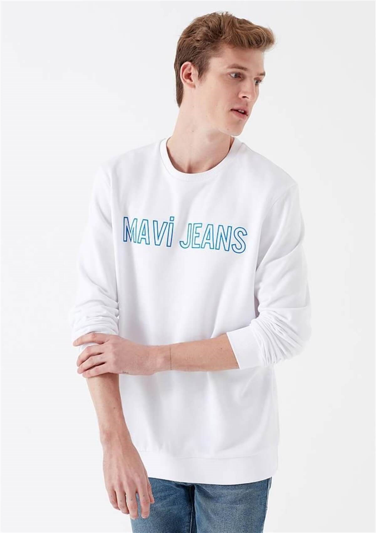 065752-620Mavi Baskılı Sweatshirt Erkek  Beyaz