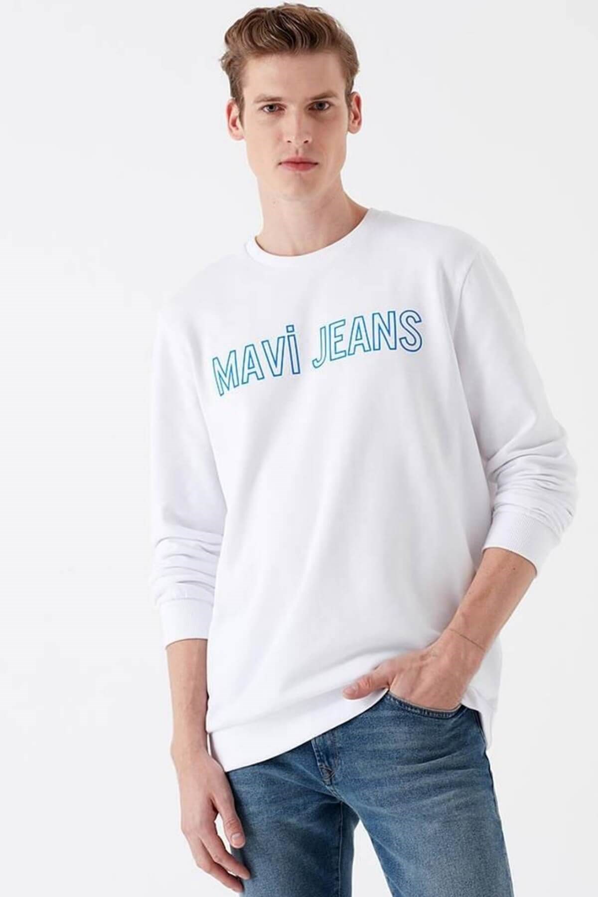 065752-620Mavi Baskılı Sweatshirt Erkek  Beyaz