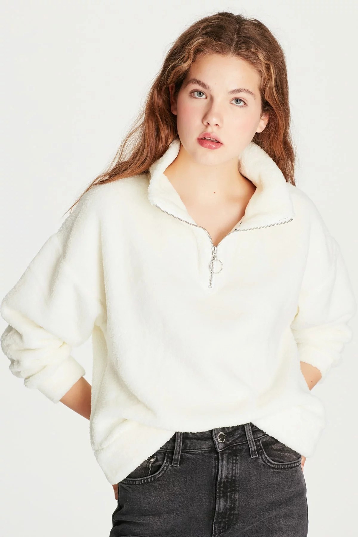 168329-28945Mavi Fermuarlı Sweatshirt Kırık Beyaz